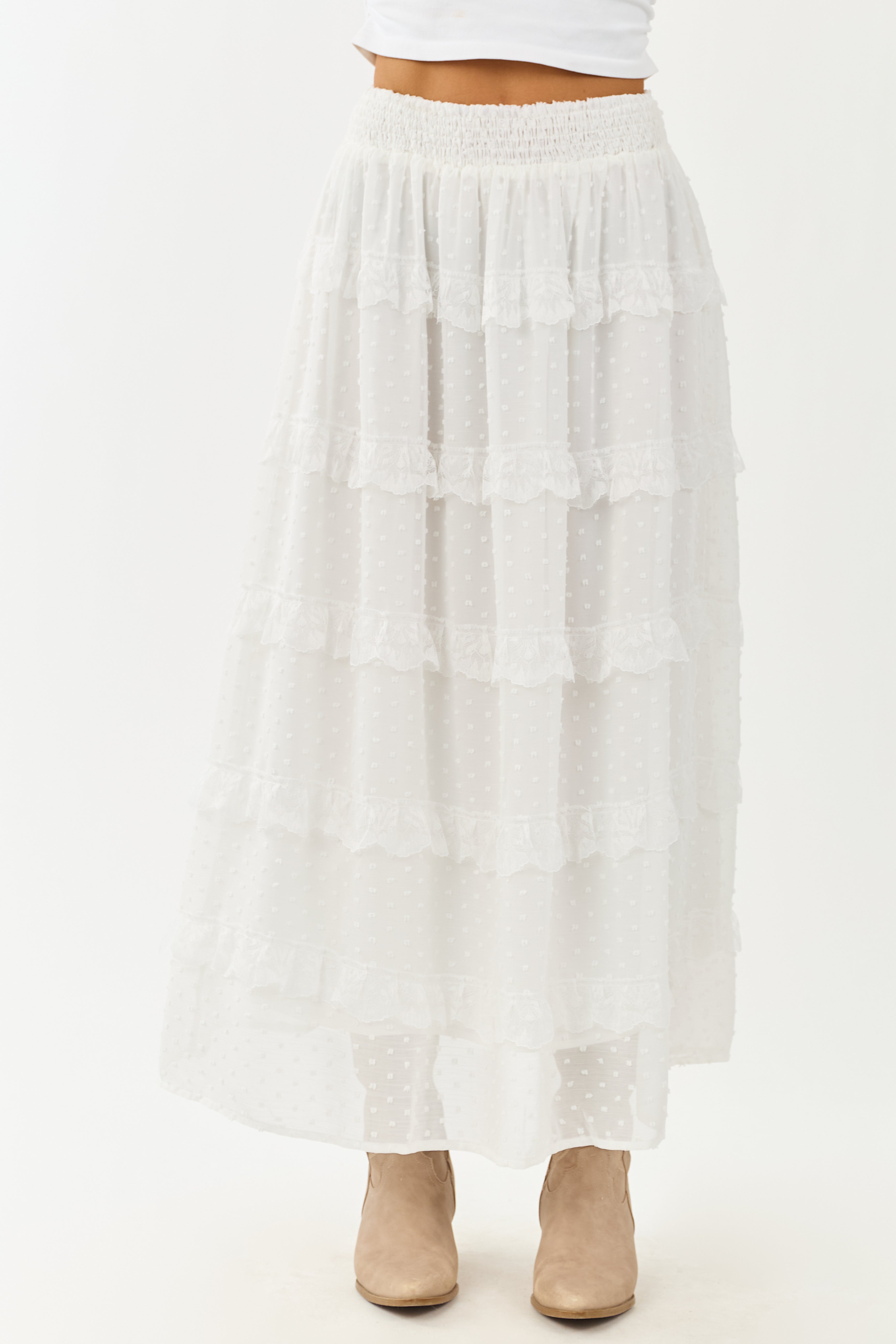 Lovelo Off White Lace Swiss Dot Chiffon Maxi Skirt | Lime