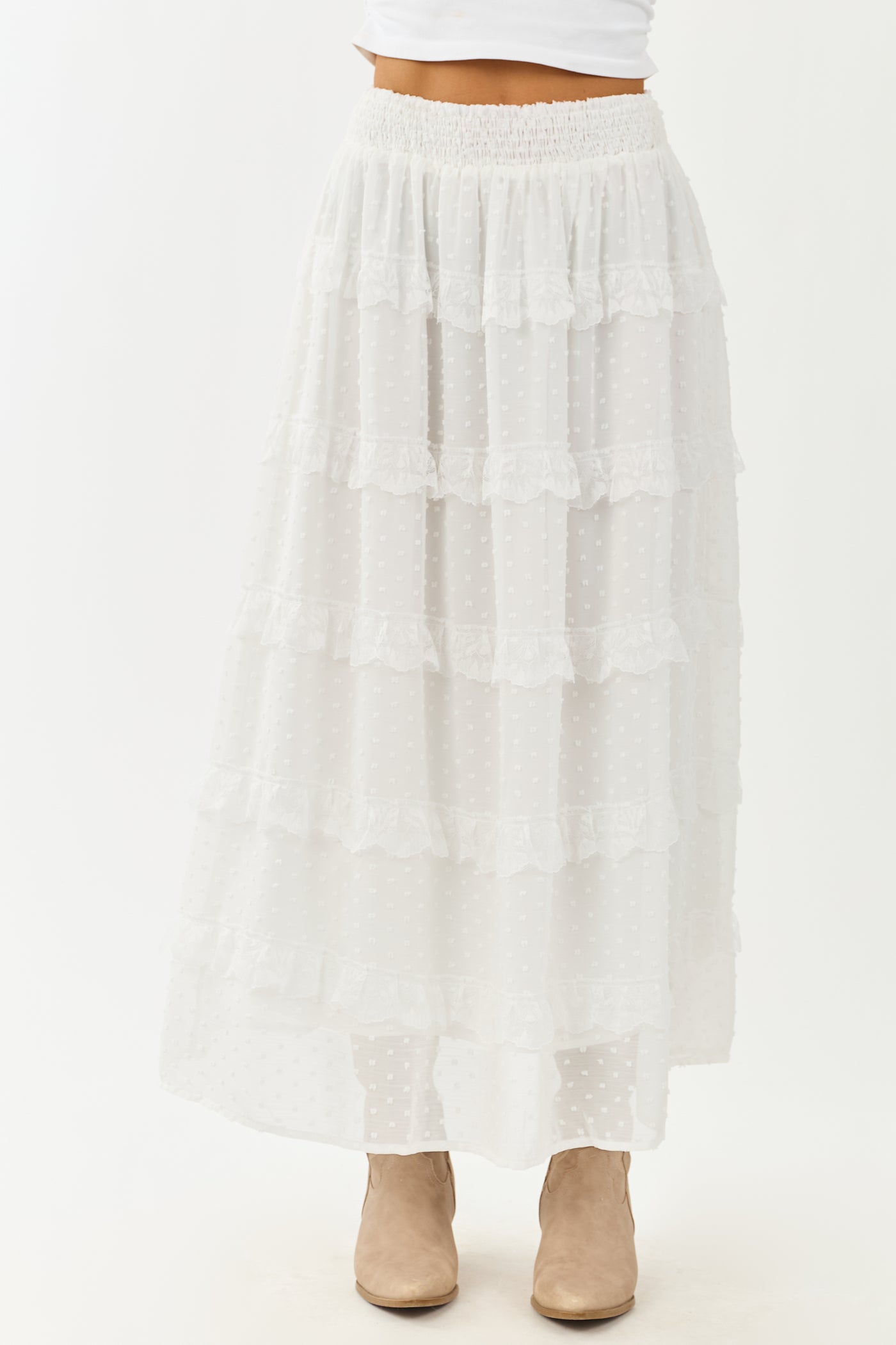 Lovelo Off White Lace Swiss Dot Chiffon Maxi Skirt
