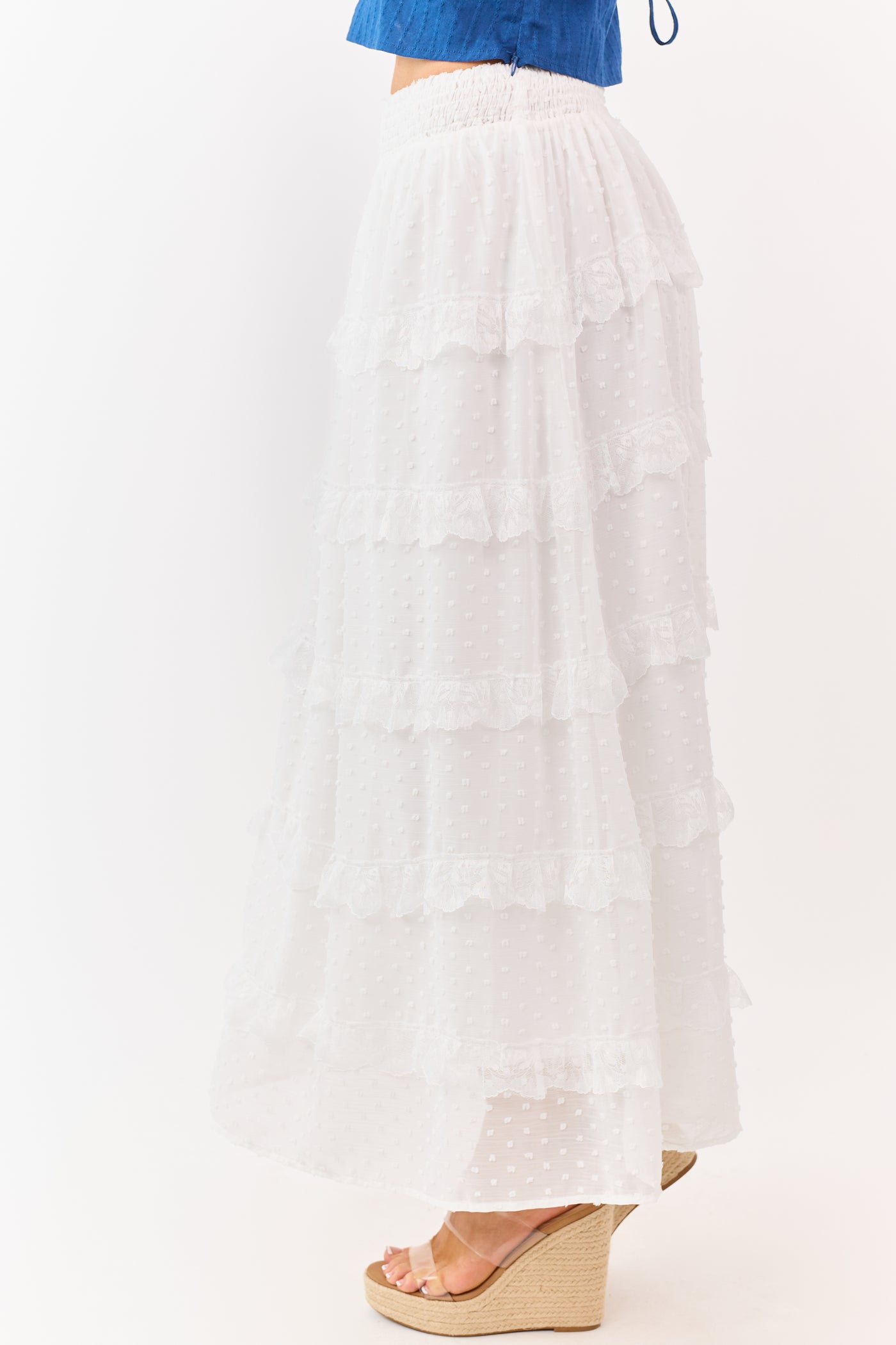 Lovelo Off White Lace Swiss Dot Chiffon Maxi Skirt