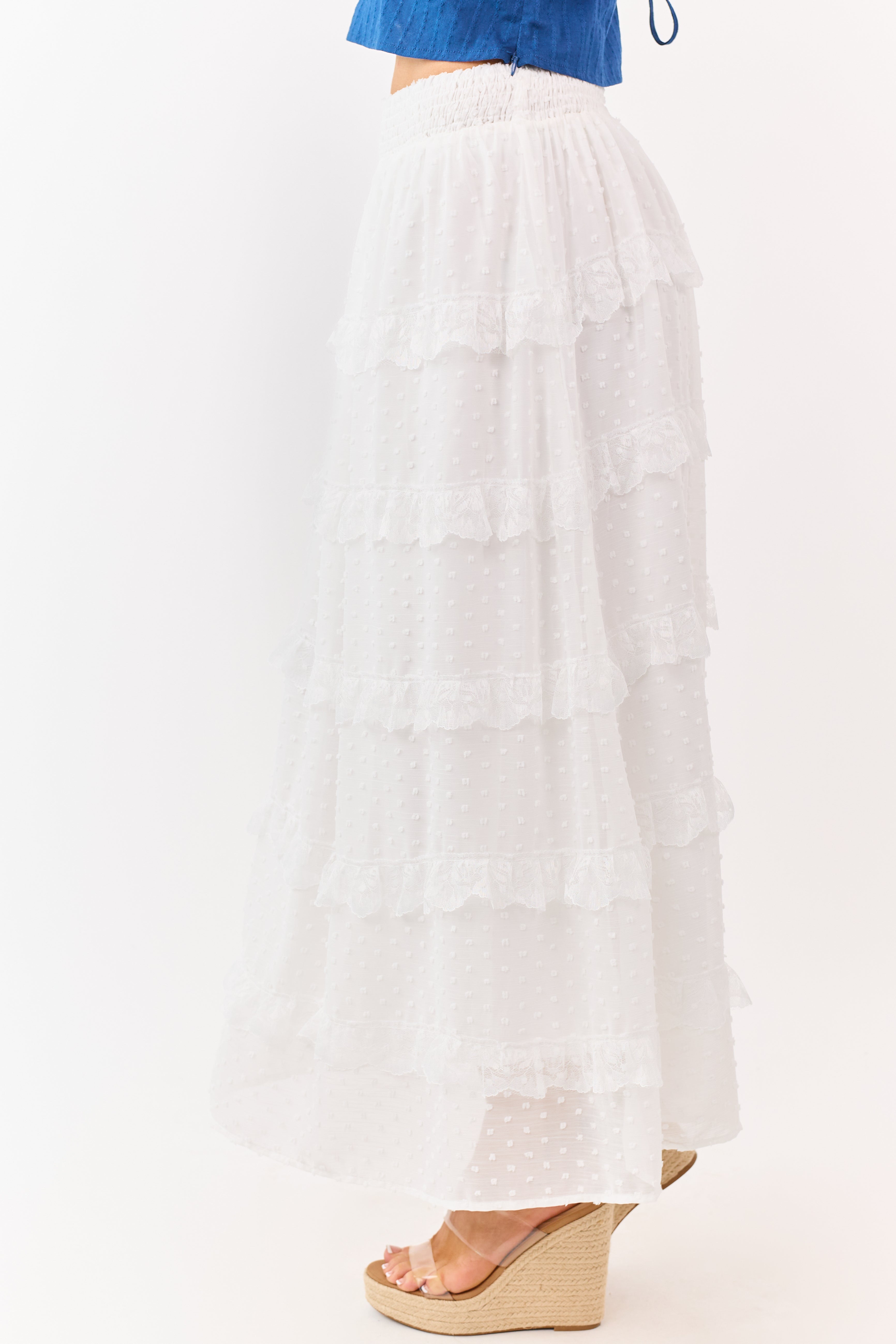 Lovelo Off White Lace Swiss Dot Chiffon Maxi Skirt