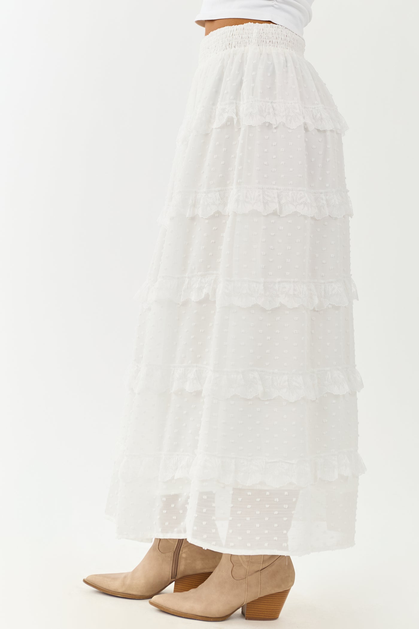Lovelo Off White Lace Swiss Dot Chiffon Maxi Skirt