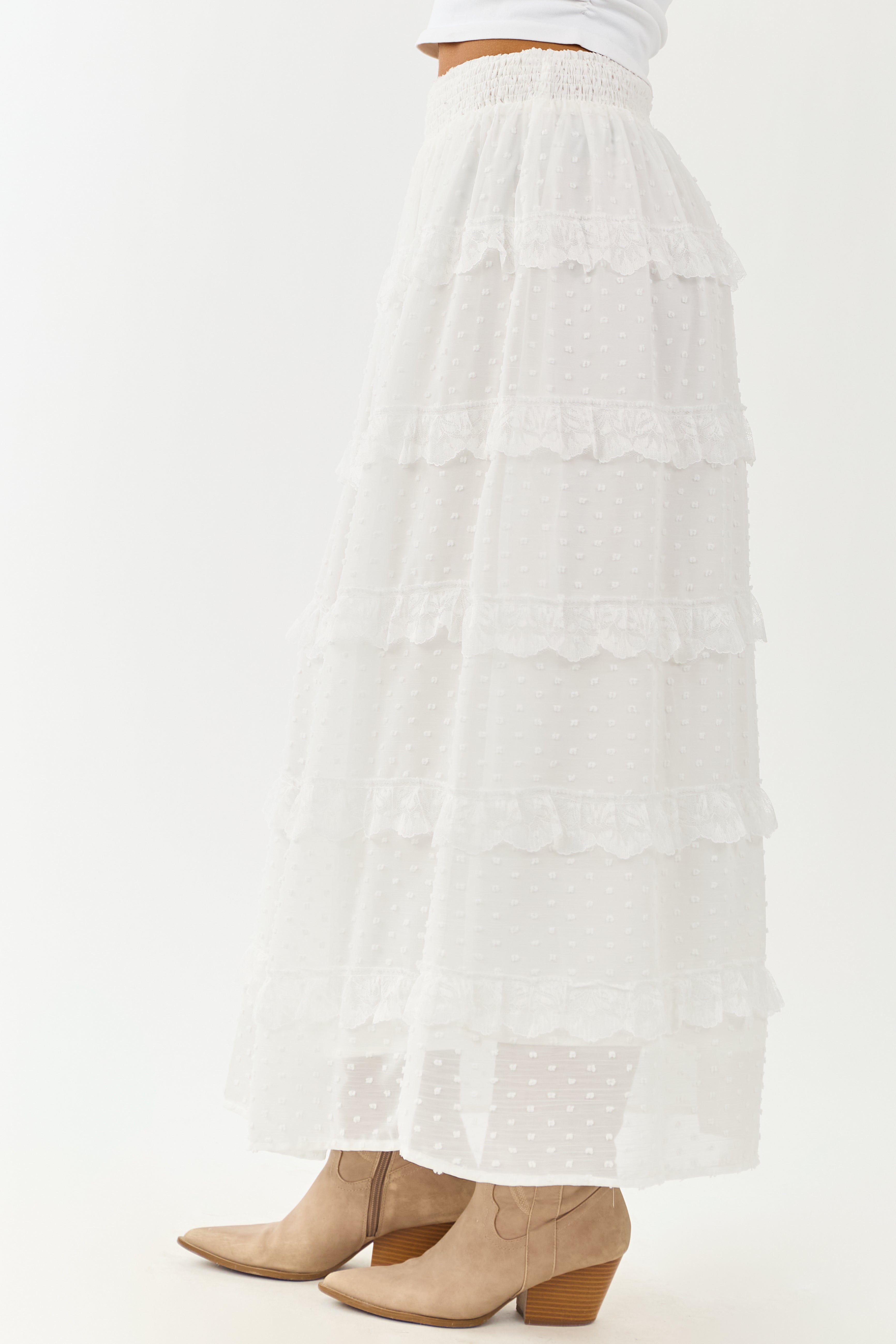 Lovelo Off White Lace Swiss Dot Chiffon Maxi Skirt