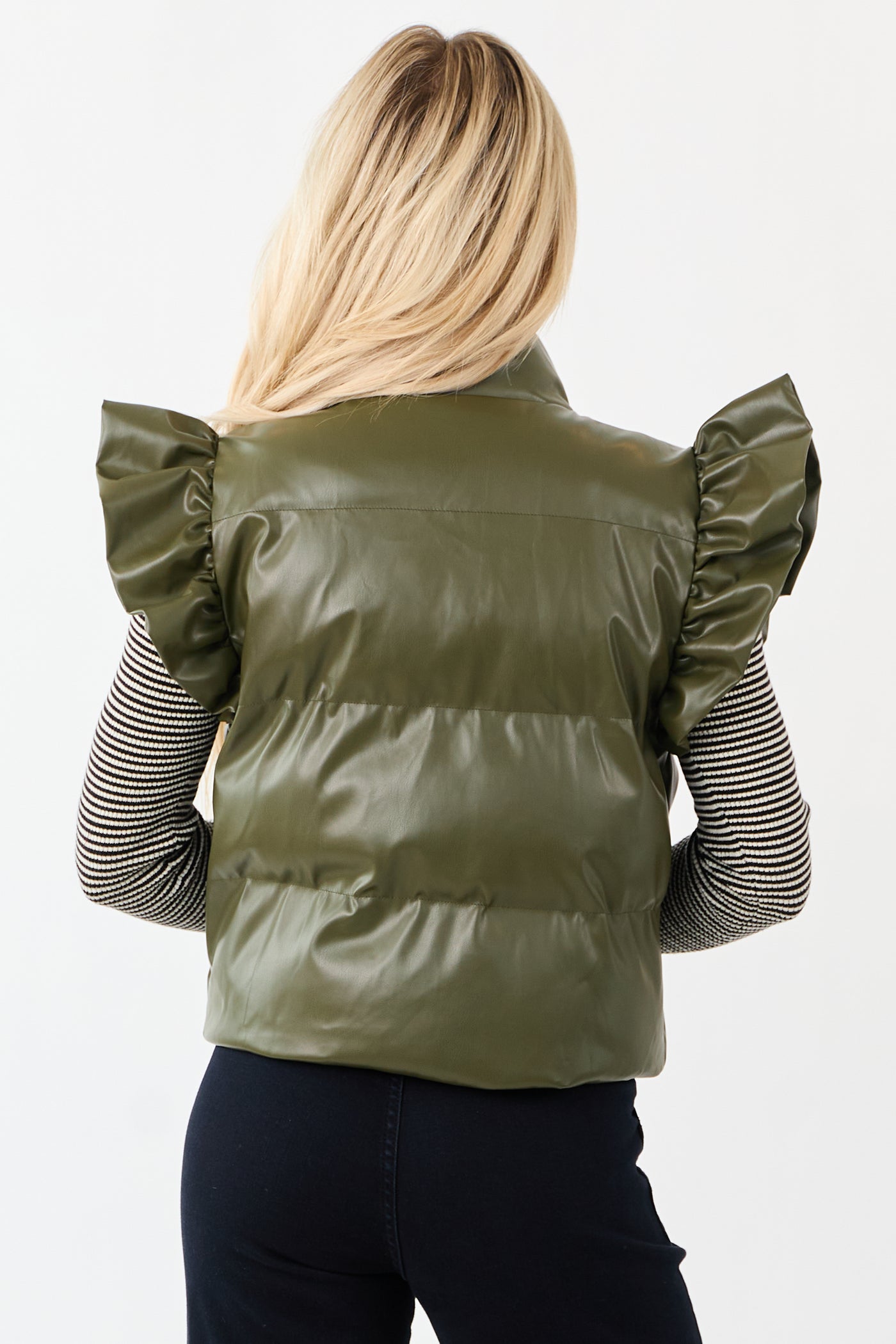 Lovelo Olive Faux Leather Ruffle Sleeve Puff Vest