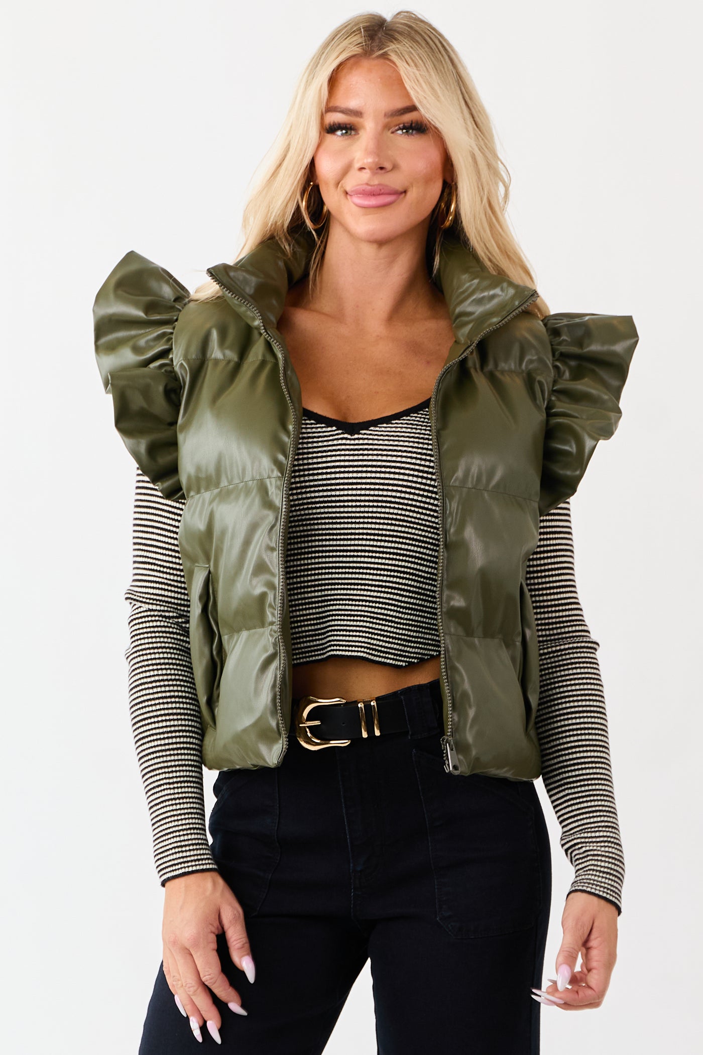 Lovelo Olive Faux Leather Ruffle Sleeve Puff Vest