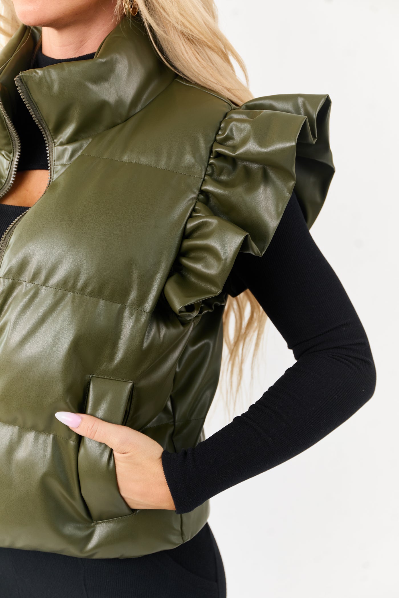 Lovelo Olive Faux Leather Ruffle Sleeve Puff Vest