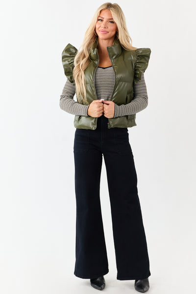 Lovelo Olive Faux Leather Ruffle Sleeve Puff Vest