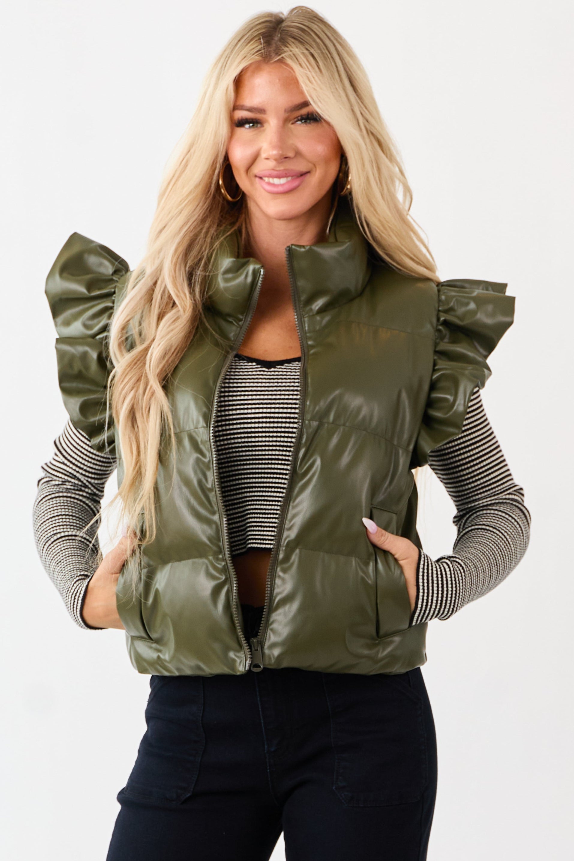 Lovelo Olive Faux Leather Ruffle Sleeve Puff Vest | Lime Lush Boutique