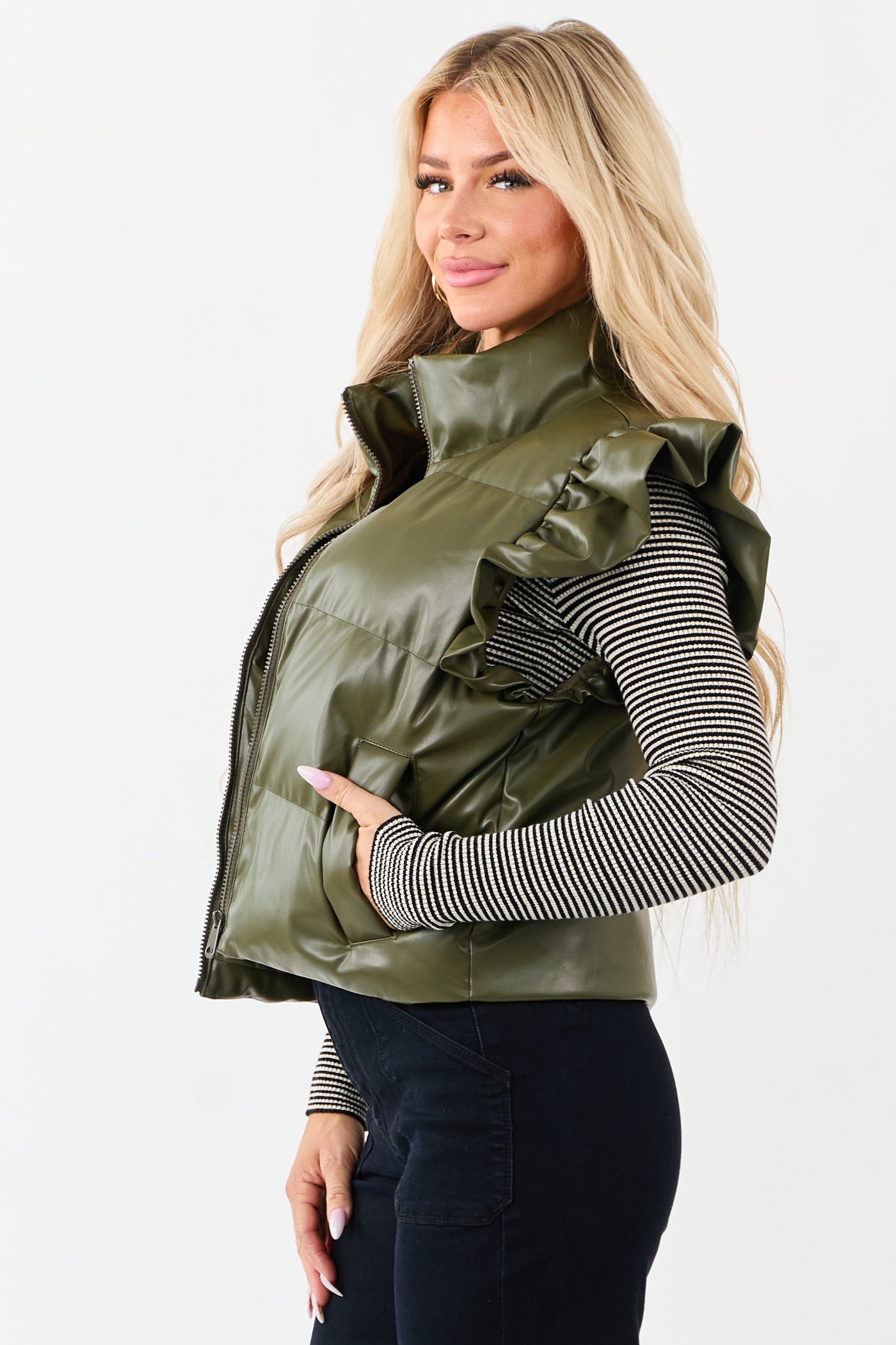 Lovelo Olive Faux Leather Ruffle Sleeve Puff Vest