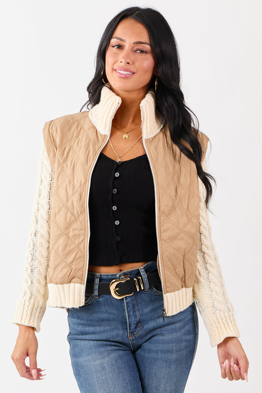 Lovelo Peanut Quilted Zip Up Knit Contrast Jacket