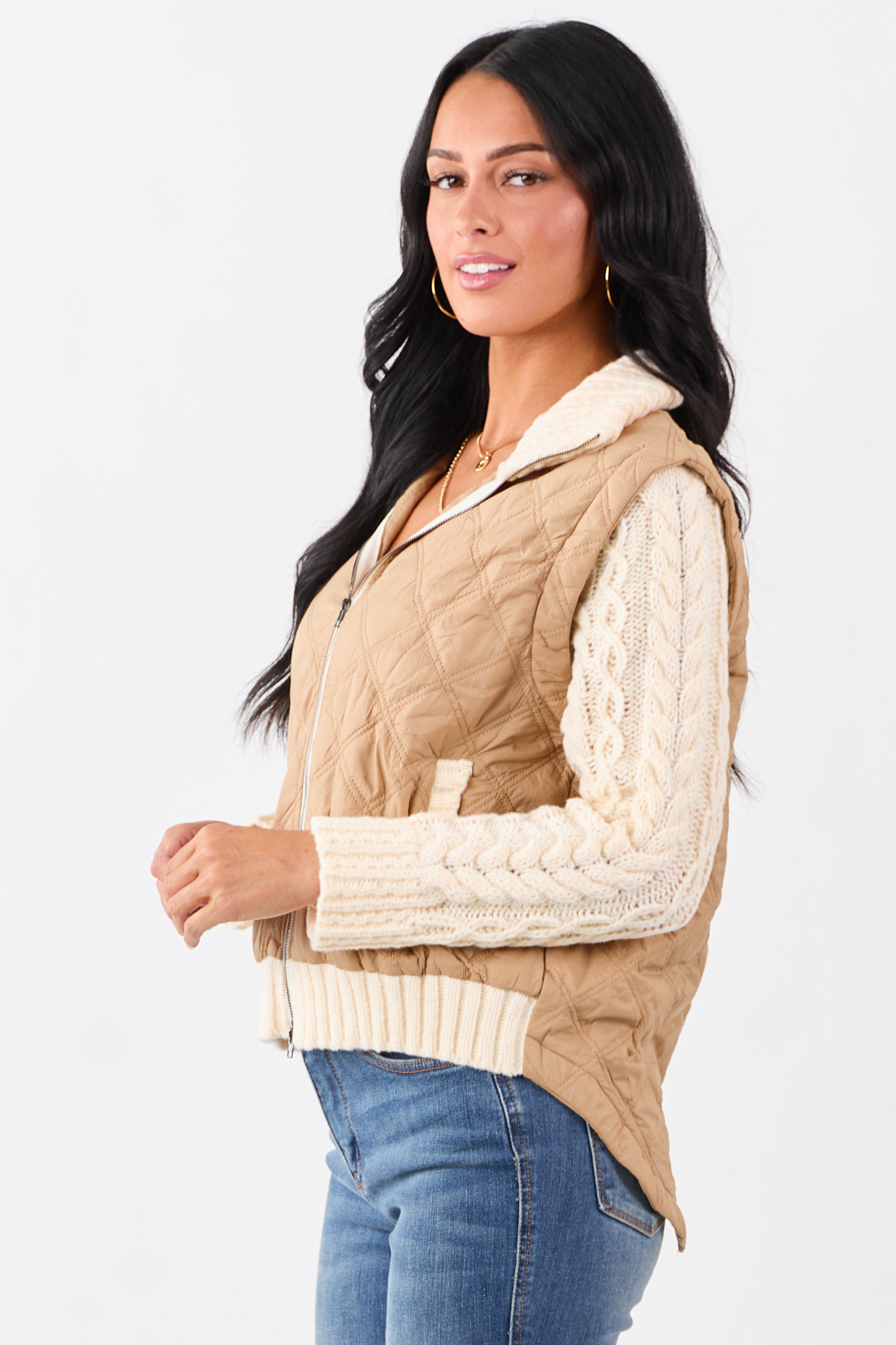Lovelo Peanut Quilted Zip Up Knit Contrast Jacket