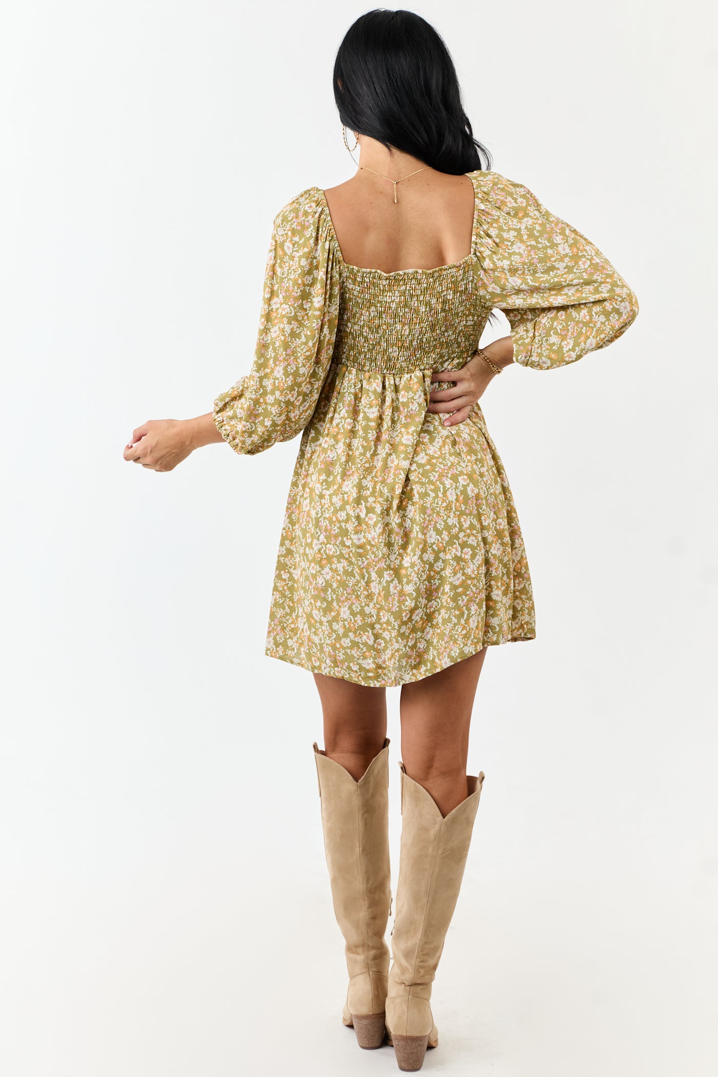 Lovelo Pistachio Floral 3/4 Bubble Sleeve Mini Dress