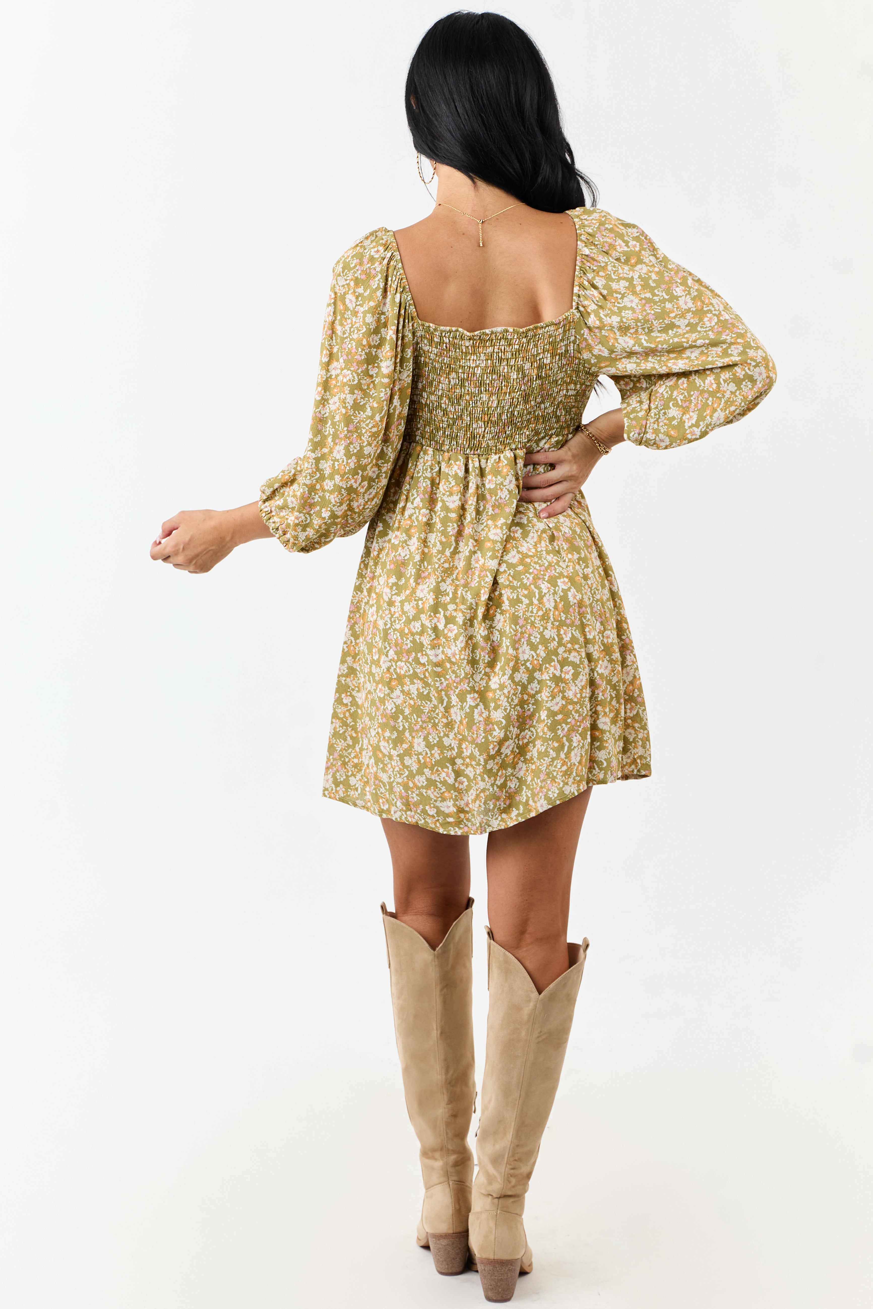 Lovelo Pistachio Floral 3/4 Bubble Sleeve Mini Dress