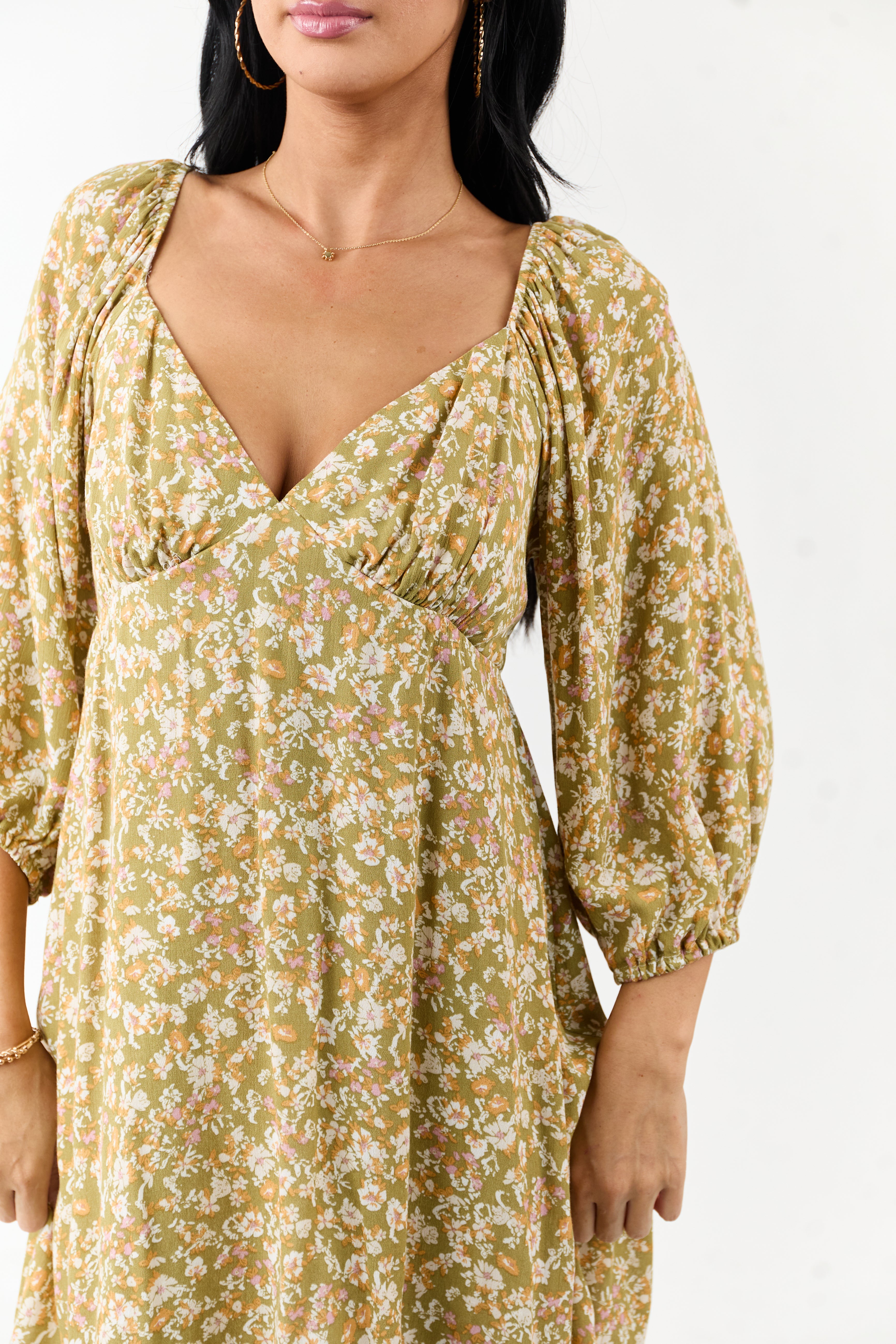 Lovelo Pistachio Floral 3/4 Bubble Sleeve Mini Dress