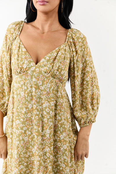 Lovelo Pistachio Floral 3/4 Bubble Sleeve Mini Dress