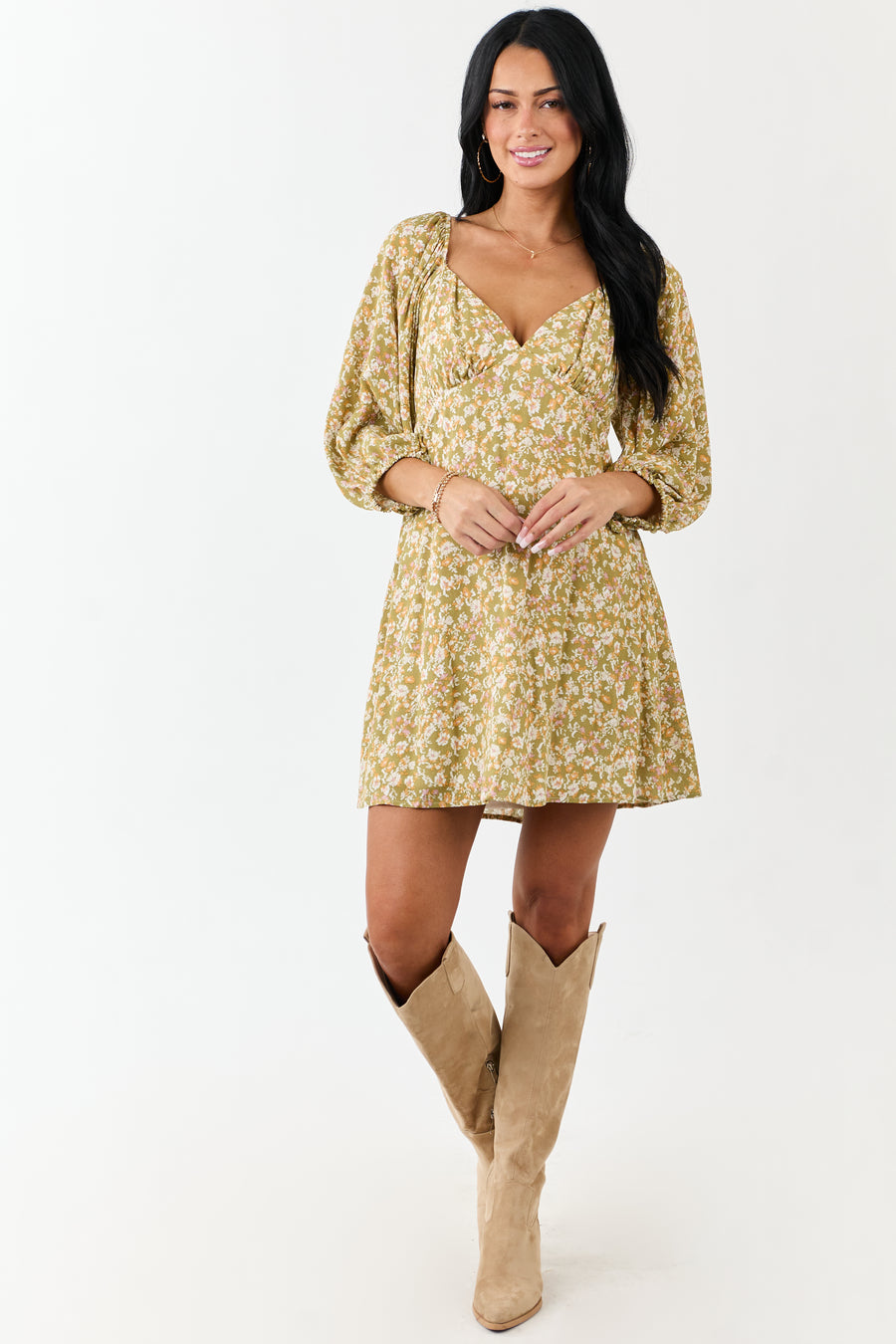 Lovelo Pistachio Floral 3/4 Bubble Sleeve Mini Dress