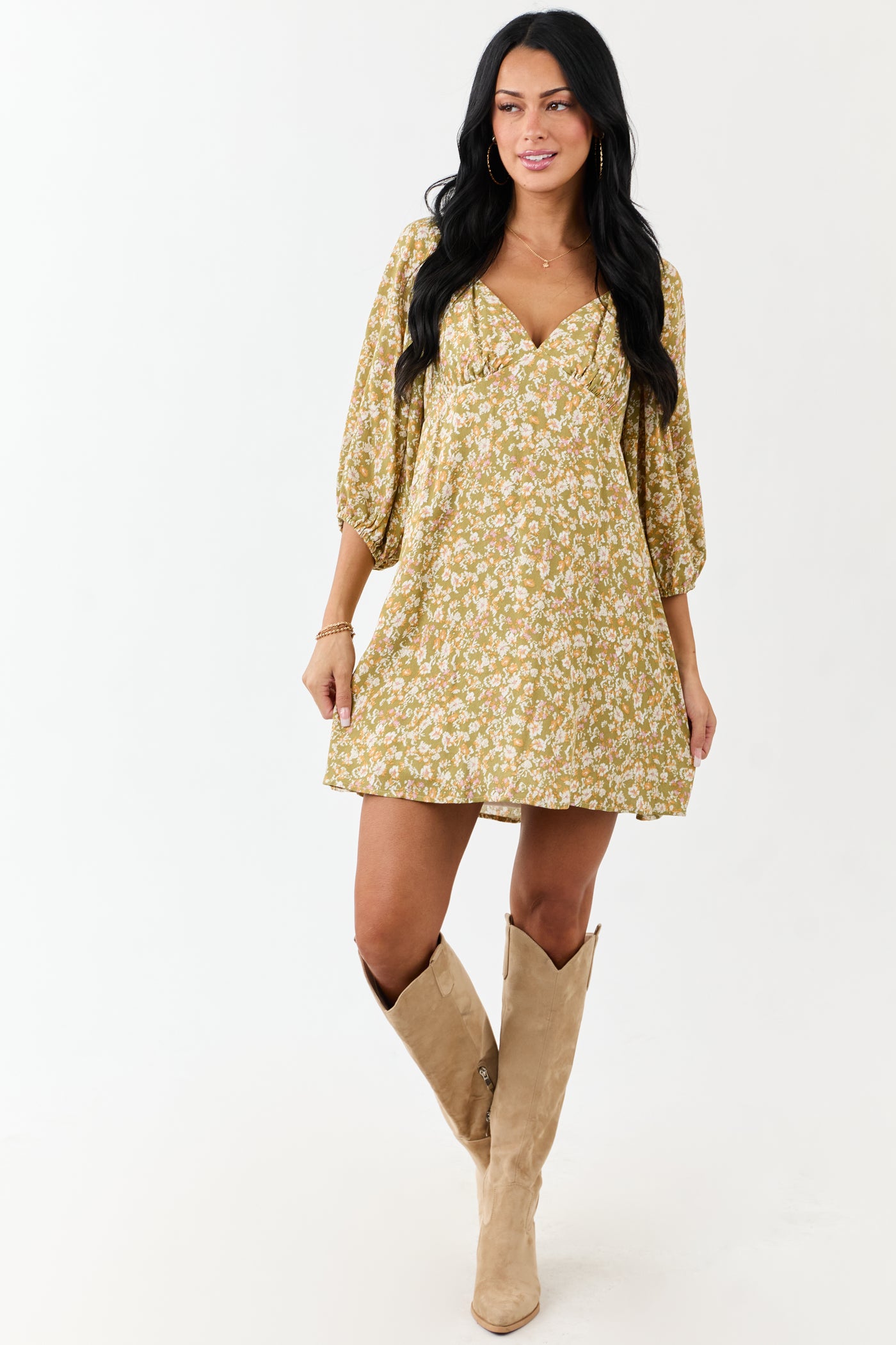 Lovelo Pistachio Floral 3/4 Bubble Sleeve Mini Dress