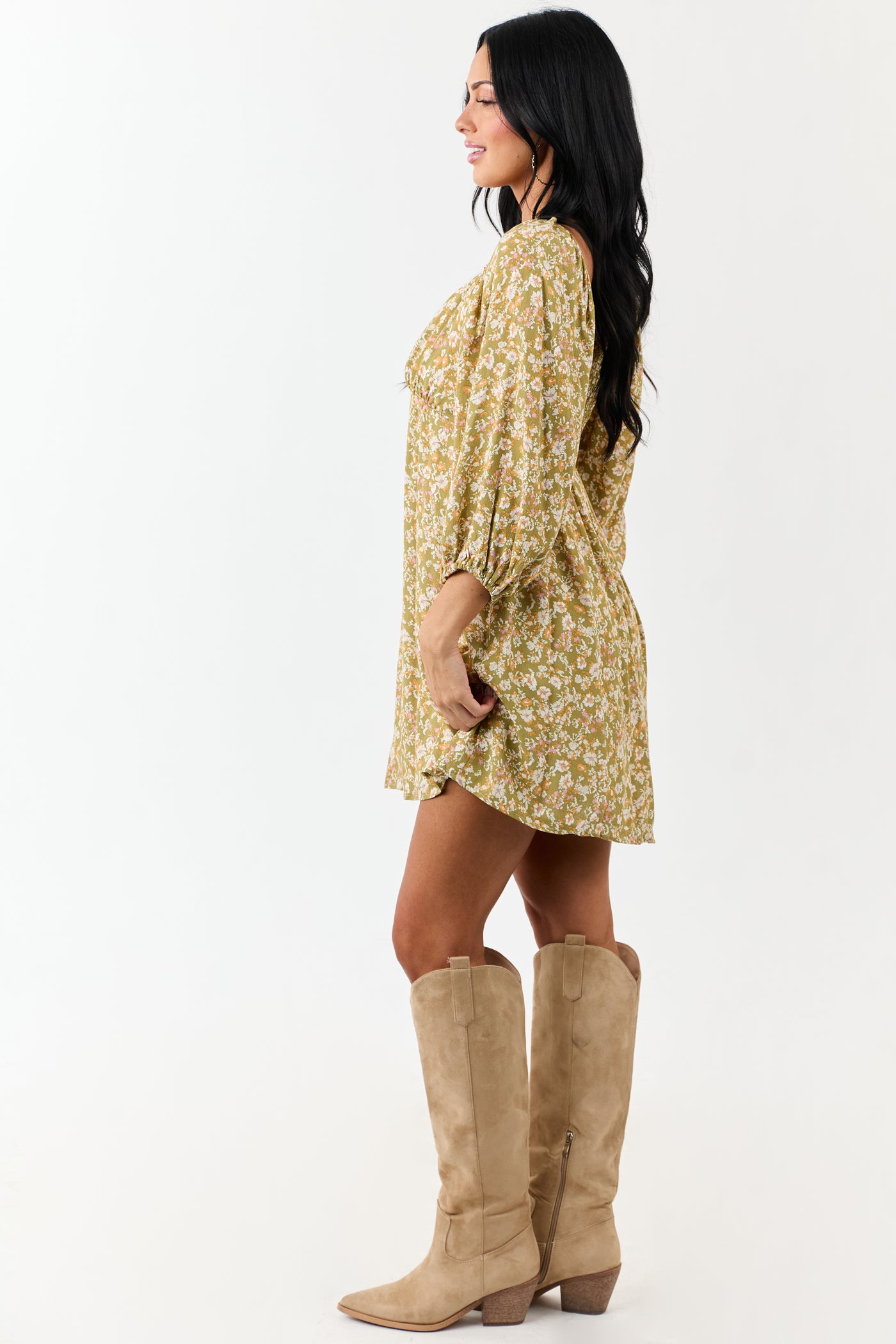 Lovelo Pistachio Floral 3/4 Bubble Sleeve Mini Dress
