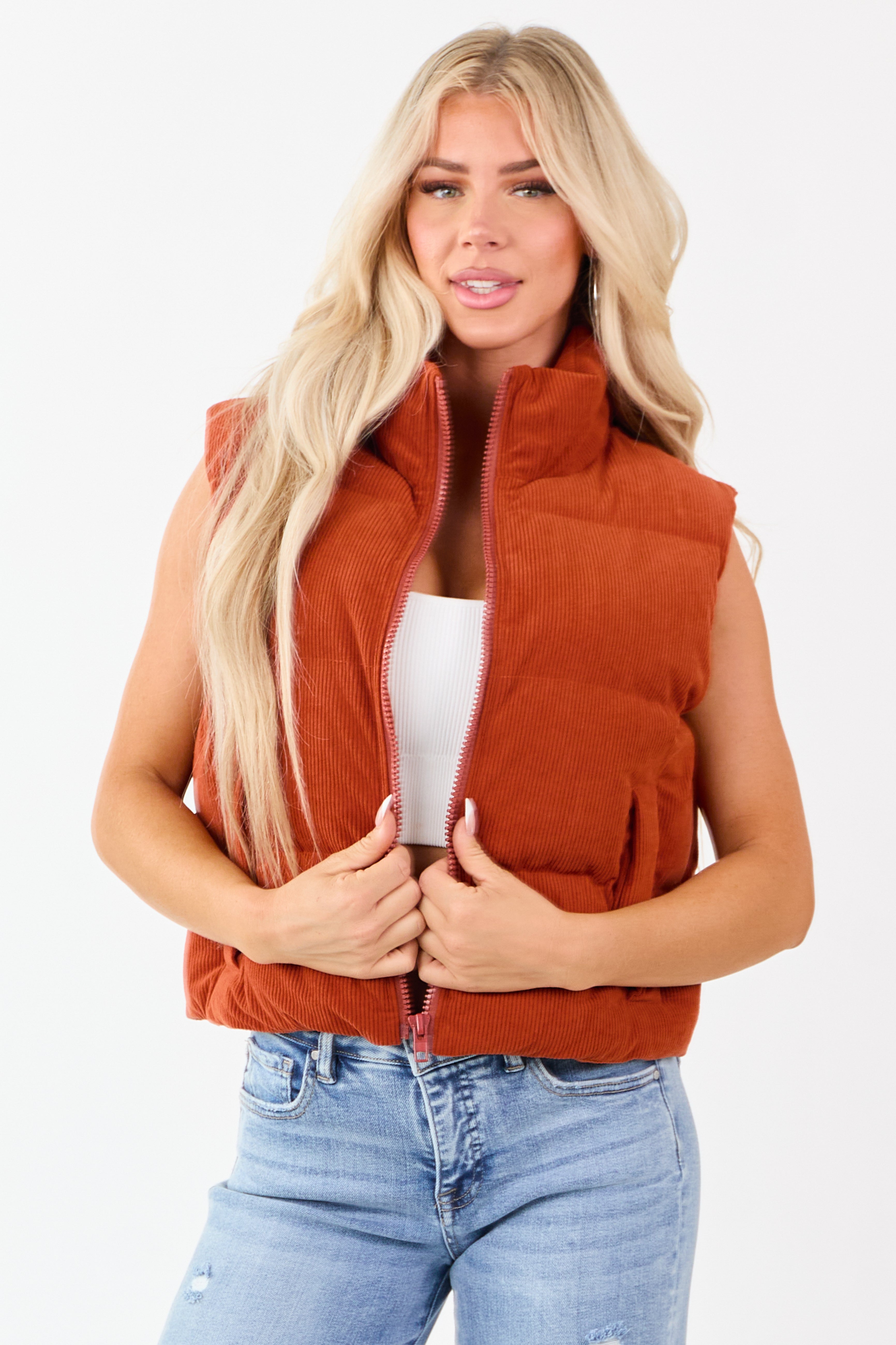 Lovelo Pumpkin Spice Corduroy Zip Up Puffer Vest | Lime Lush Boutique