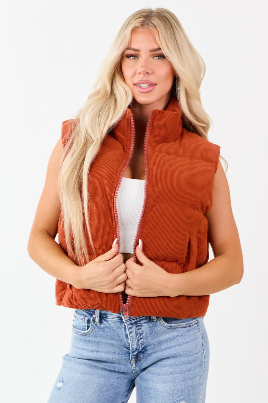 Lovelo Pumpkin Spice Corduroy Zip Up Puffer Vest