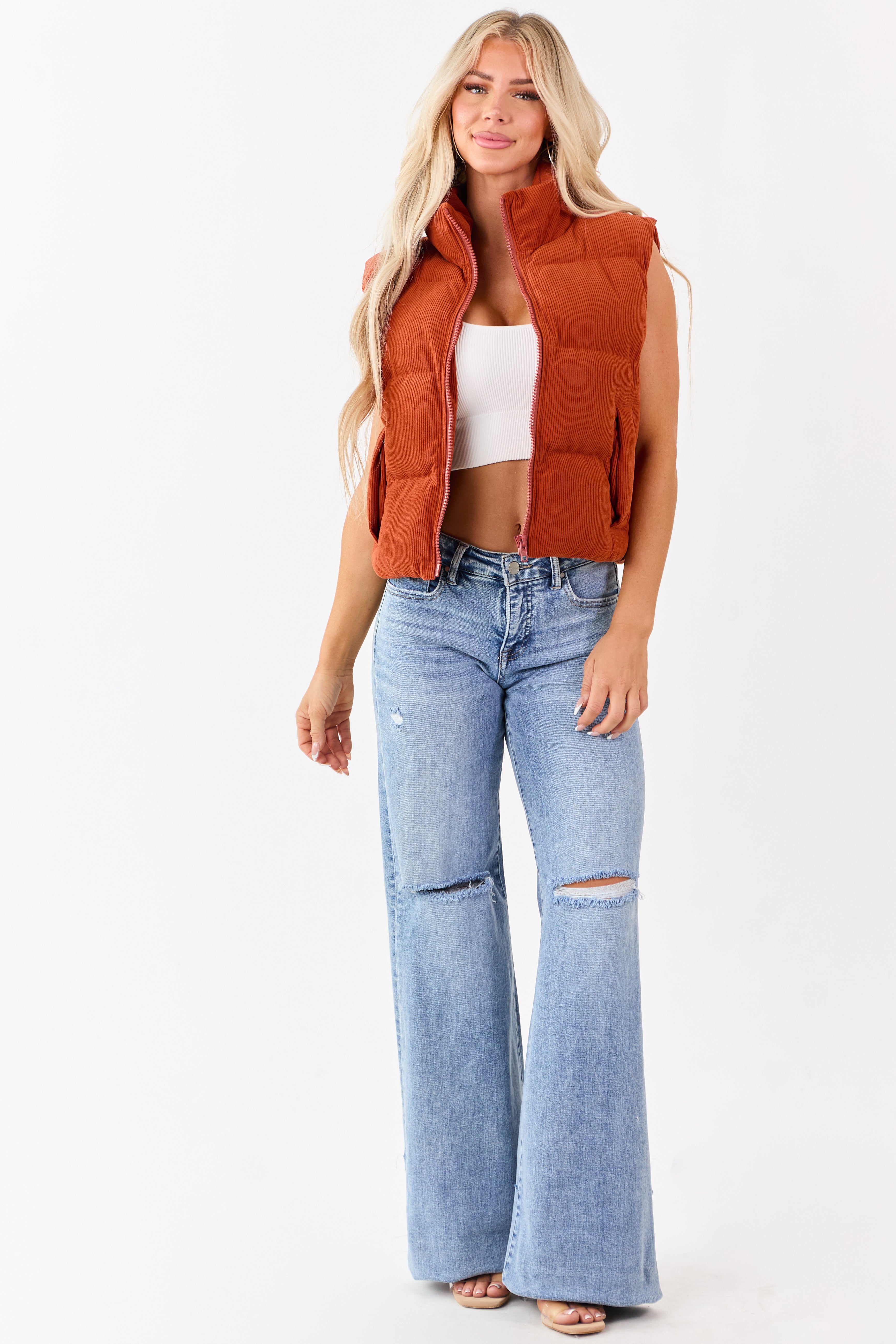 Lovelo Pumpkin Spice Corduroy Zip Up Puffer Vest | Lime Lush Boutique