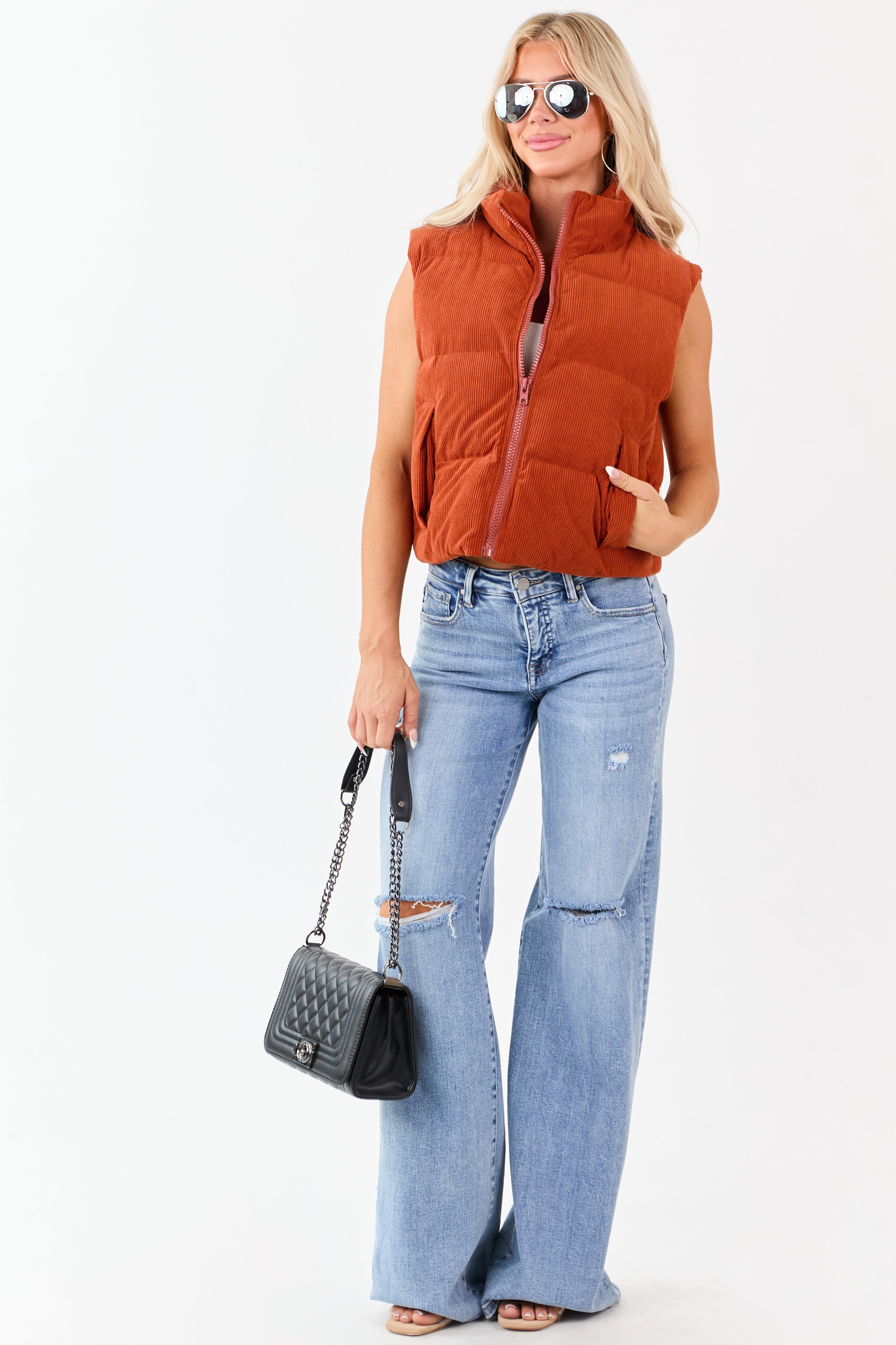 Lovelo Pumpkin Spice Corduroy Zip Up Puffer Vest