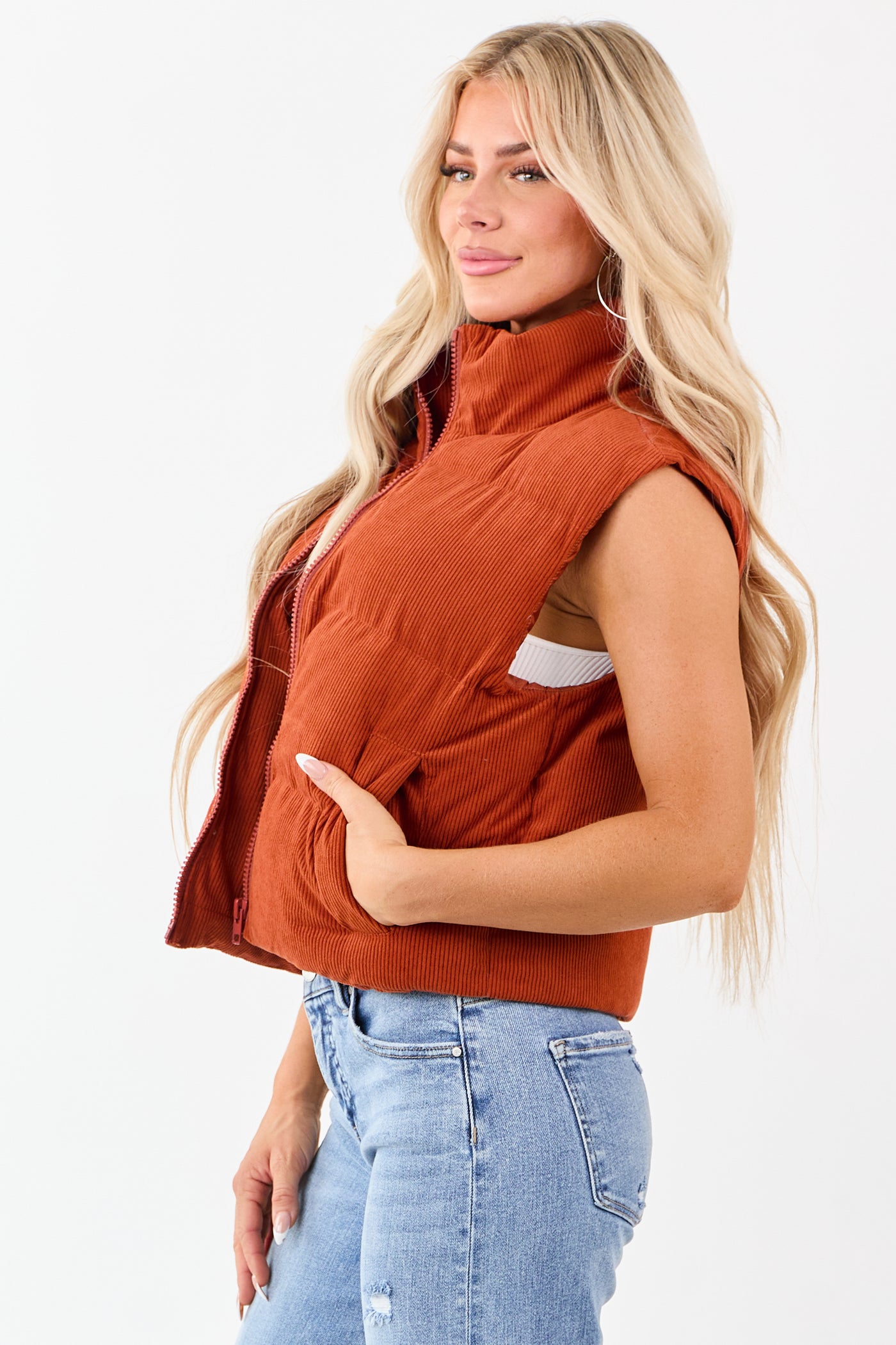Lovelo Pumpkin Spice Corduroy Zip Up Puffer Vest