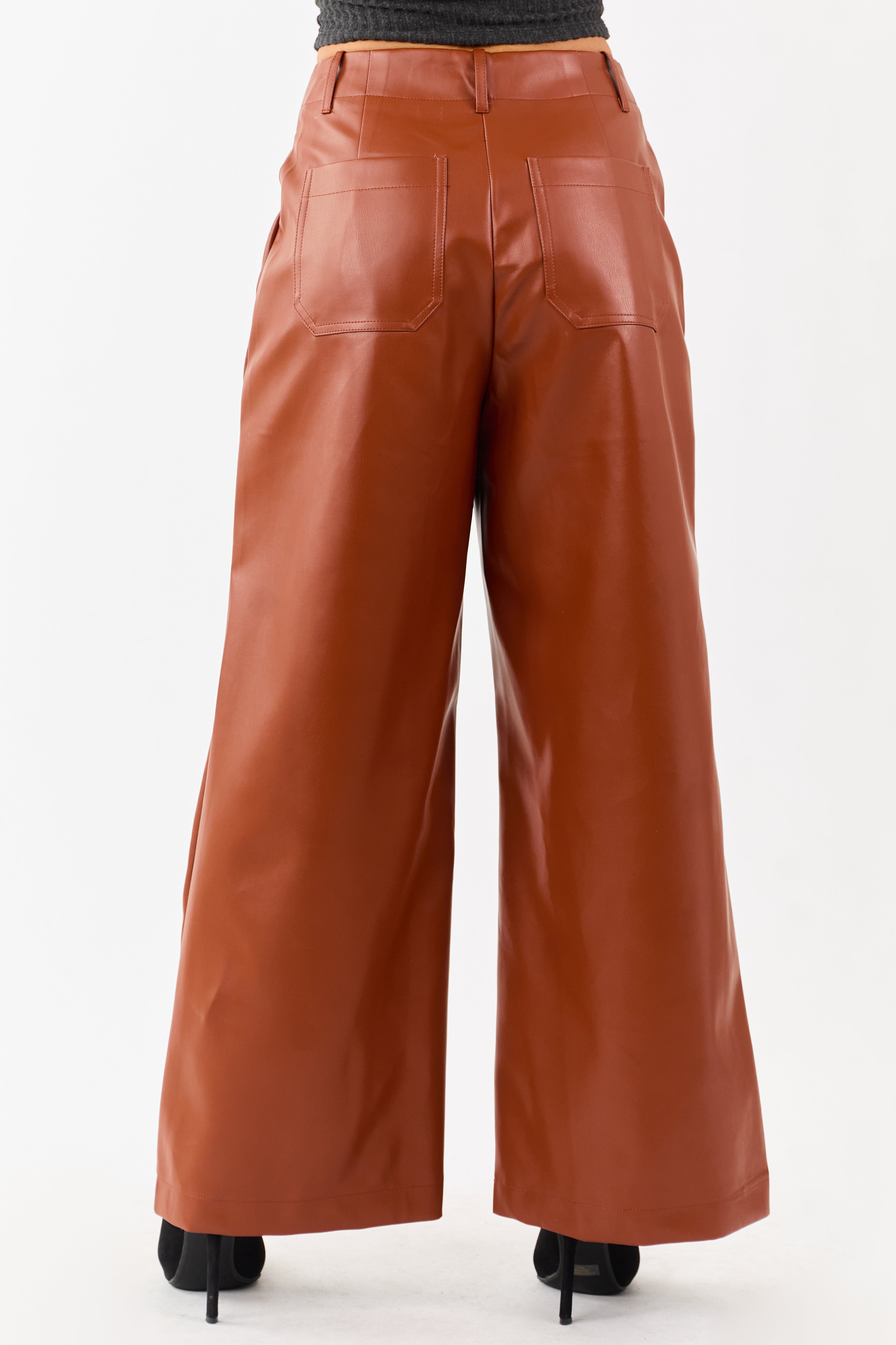 Lovelo Rust Faux Leather Wide Leg Pants