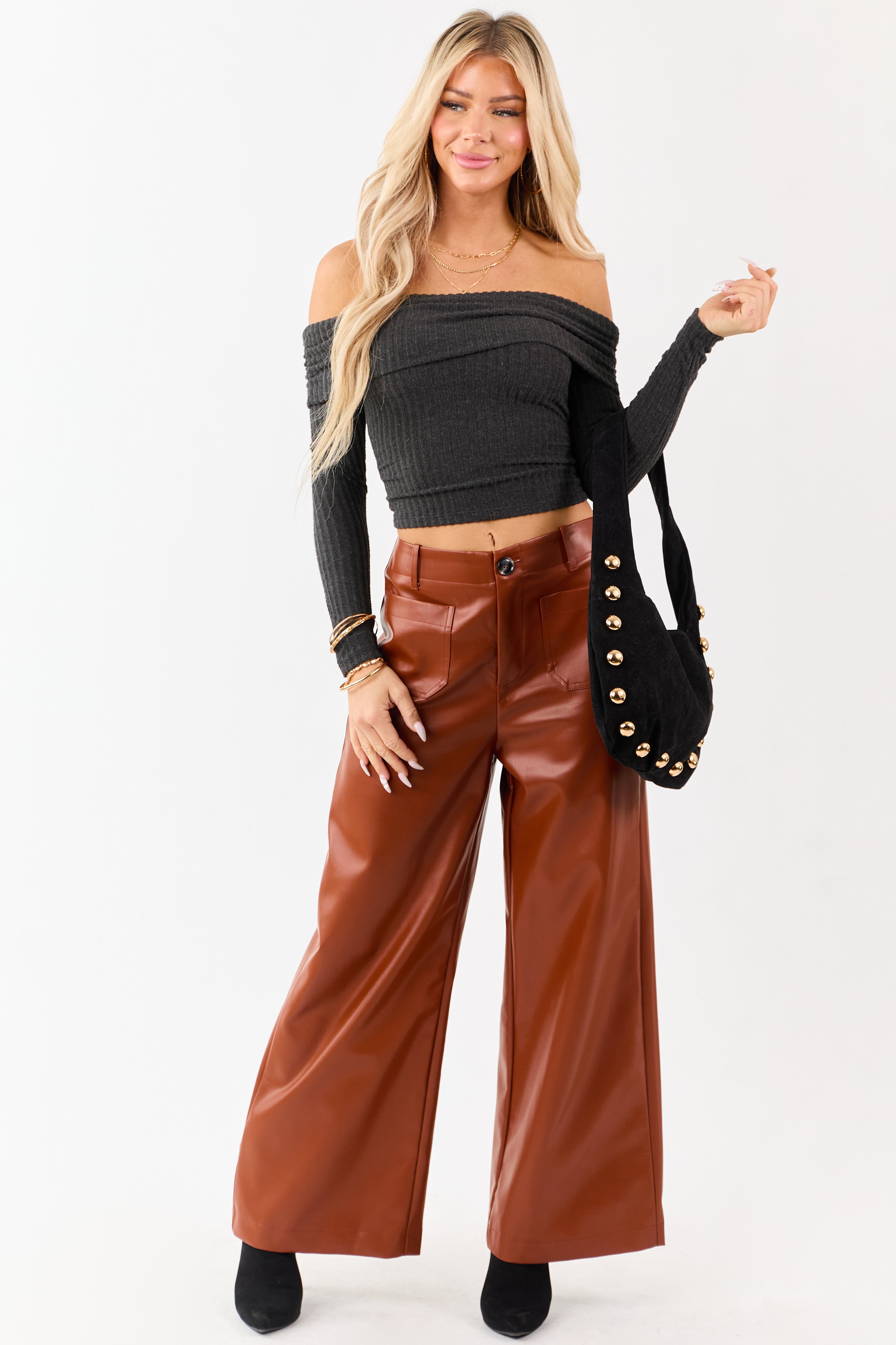Lovelo Rust Faux Leather Wide Leg Pants