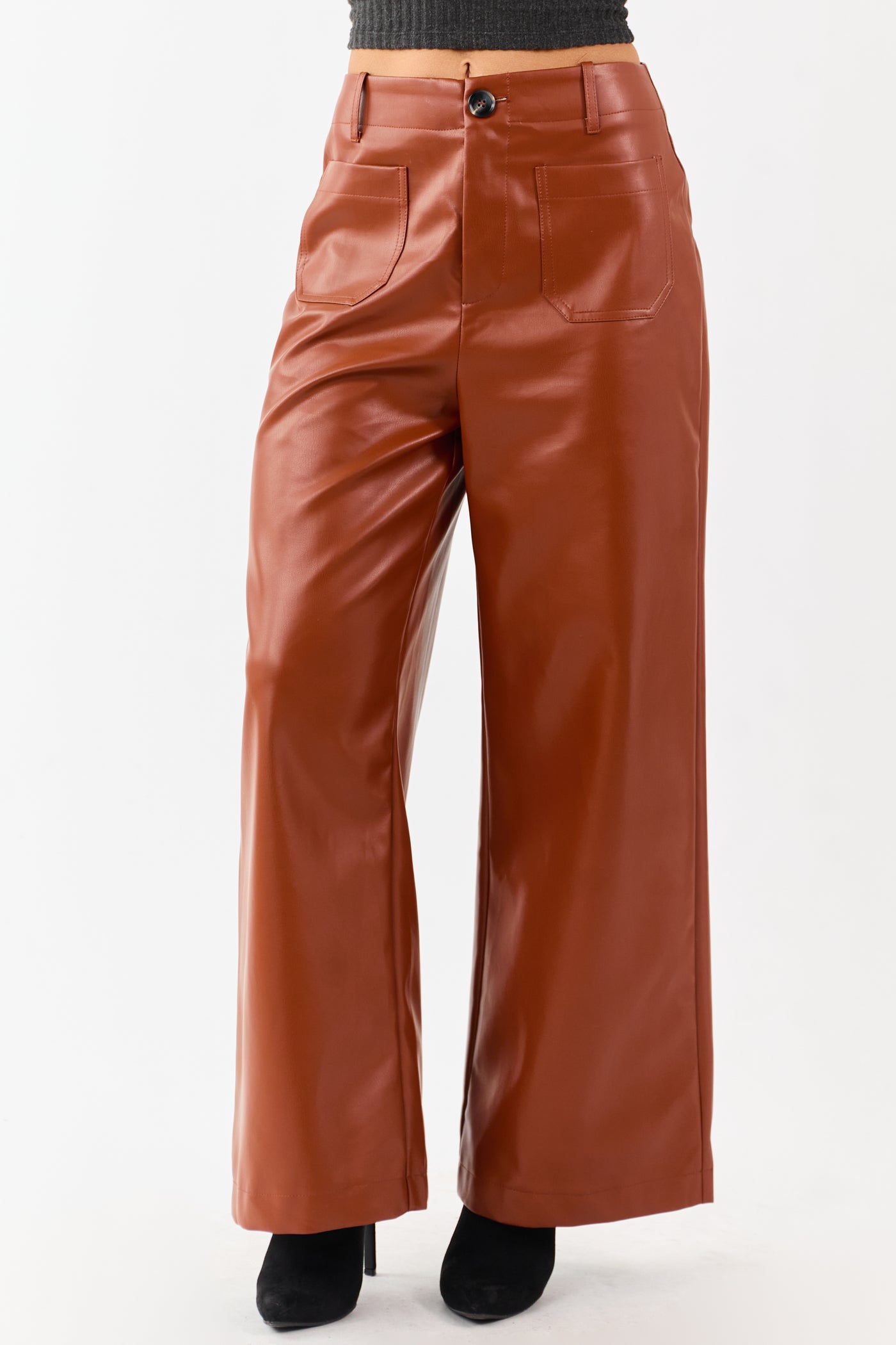 Lovelo Rust Faux Leather Wide Leg Pants