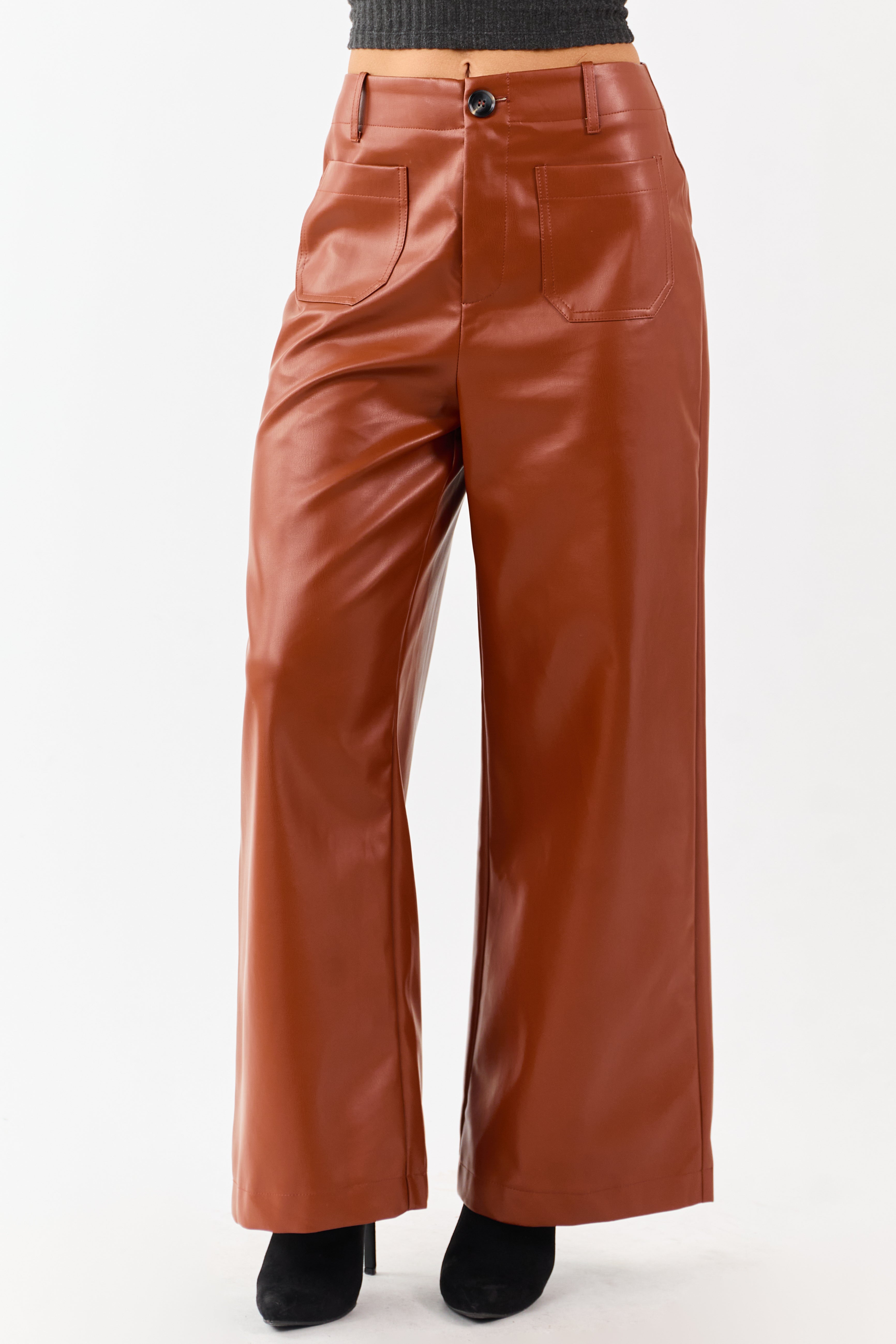 Lovelo Rust Faux Leather Wide Leg Pants