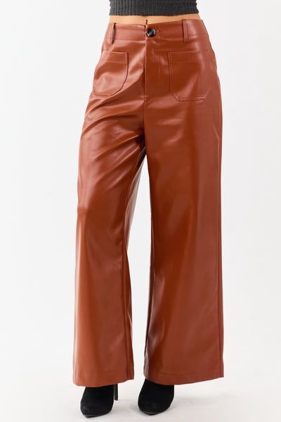 Lovelo Rust Faux Leather Wide Leg Pants
