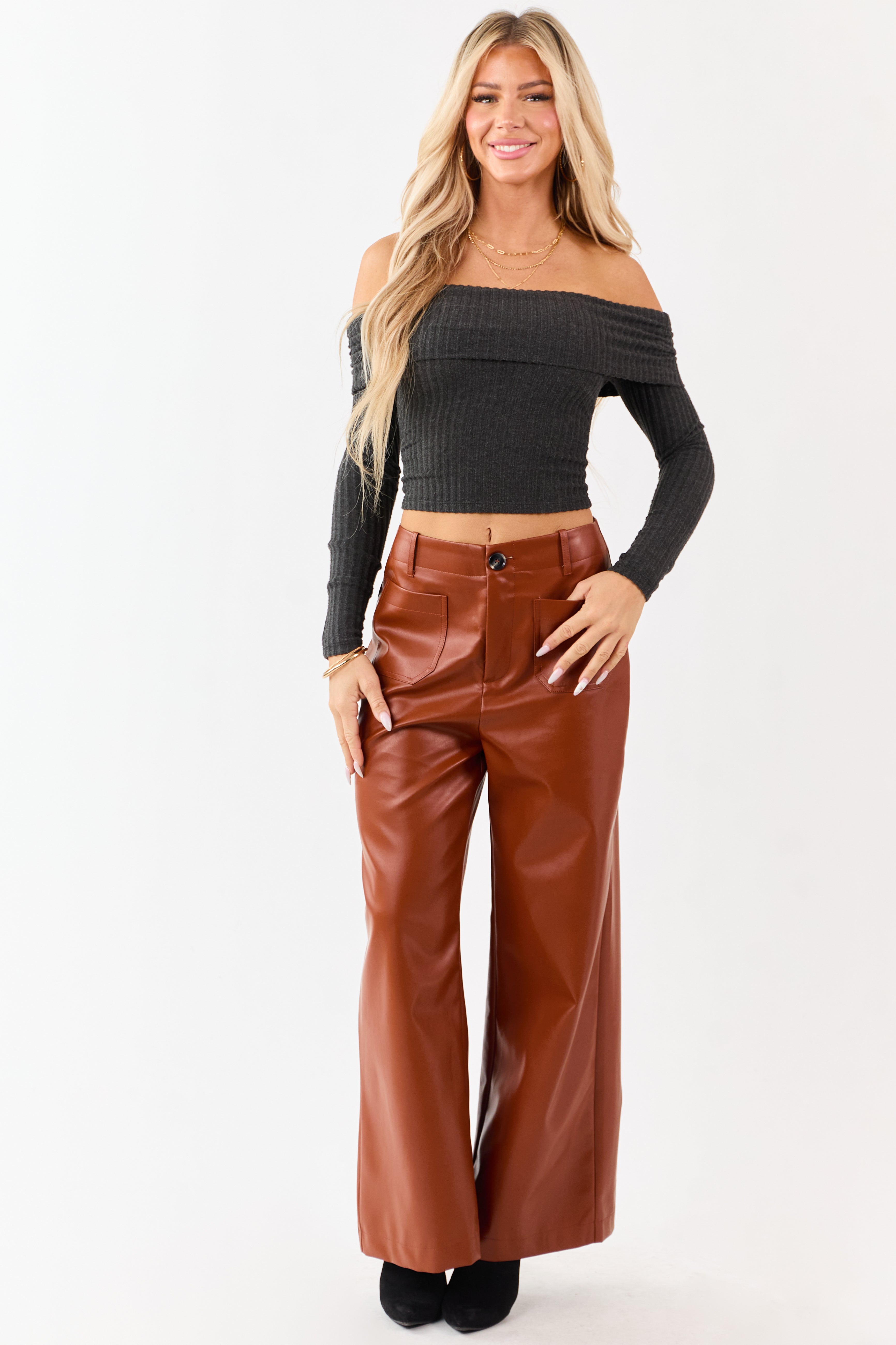 Lovelo Rust Faux Leather Wide Leg Pants