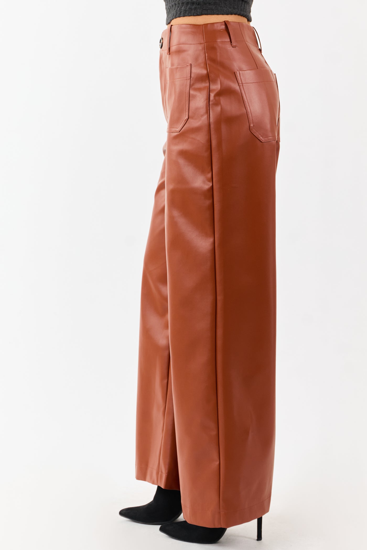 Lovelo Rust Faux Leather Wide Leg Pants