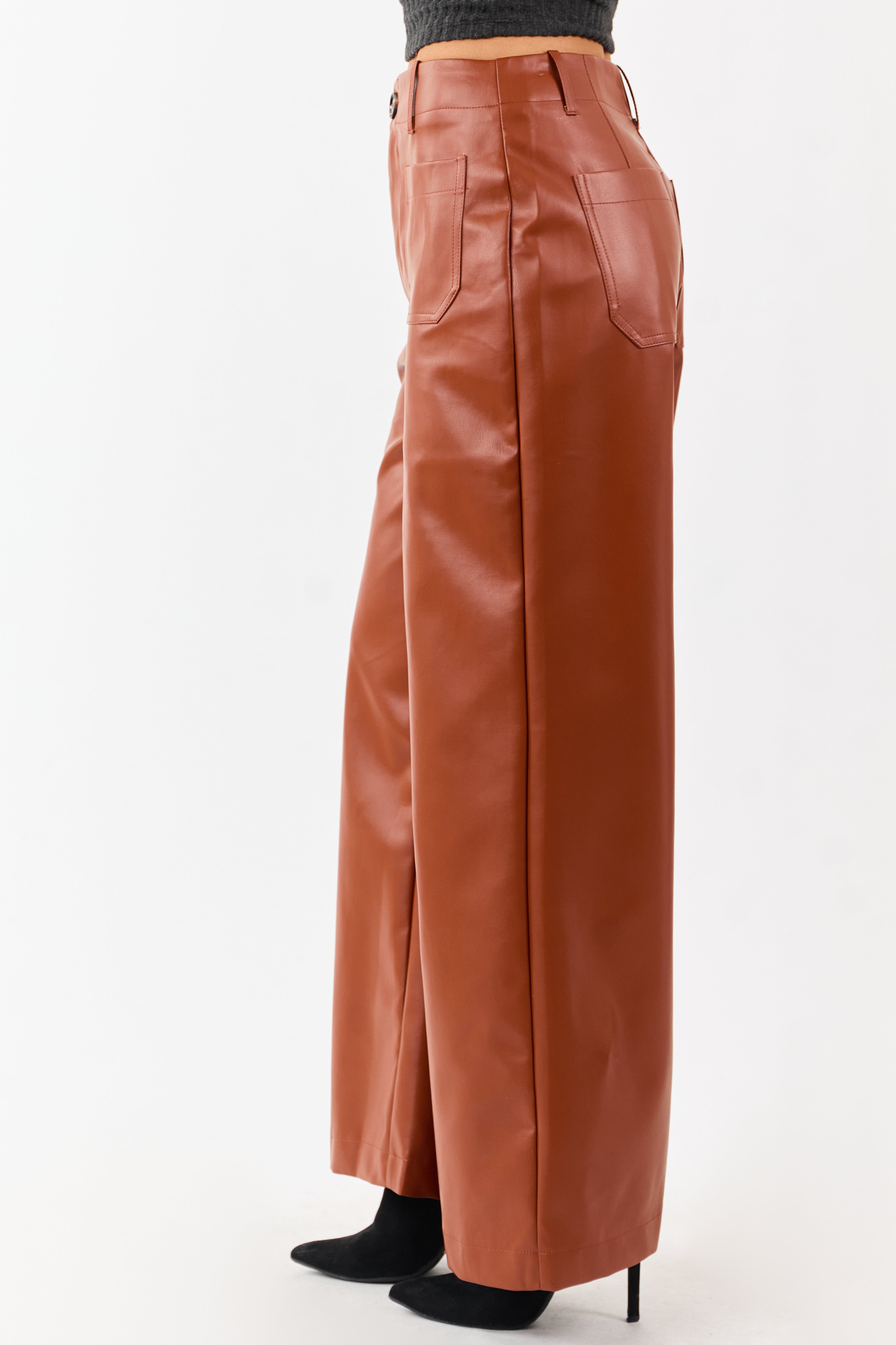 Lovelo Rust Faux Leather Wide Leg Pants