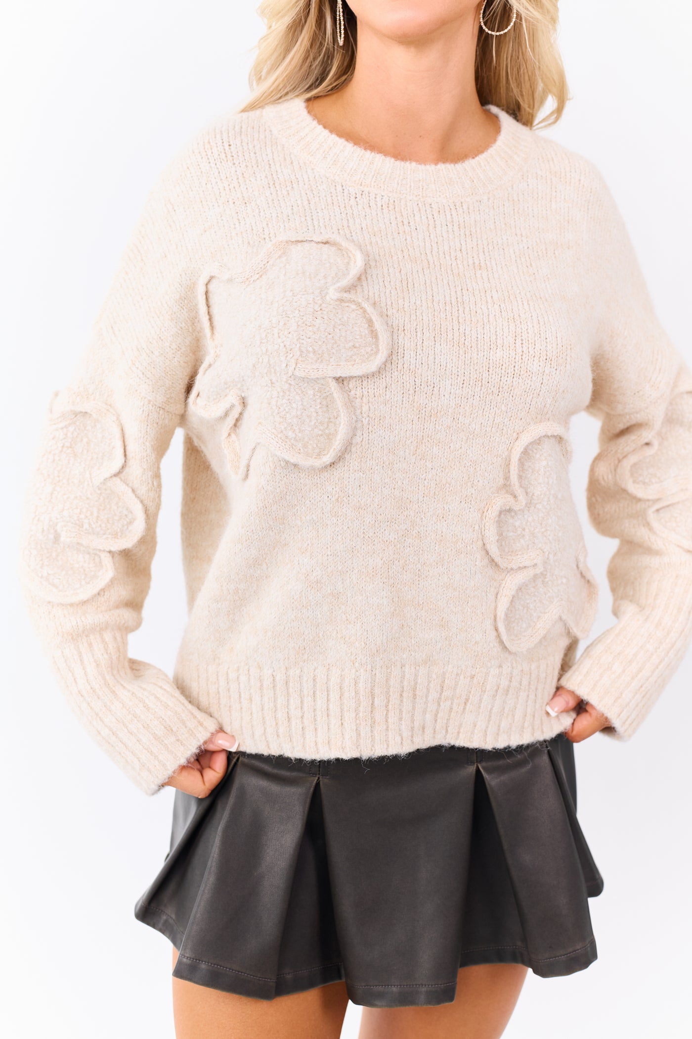 Lovelo Sand 3D Sherpa Floral Knit Relaxed Sweater