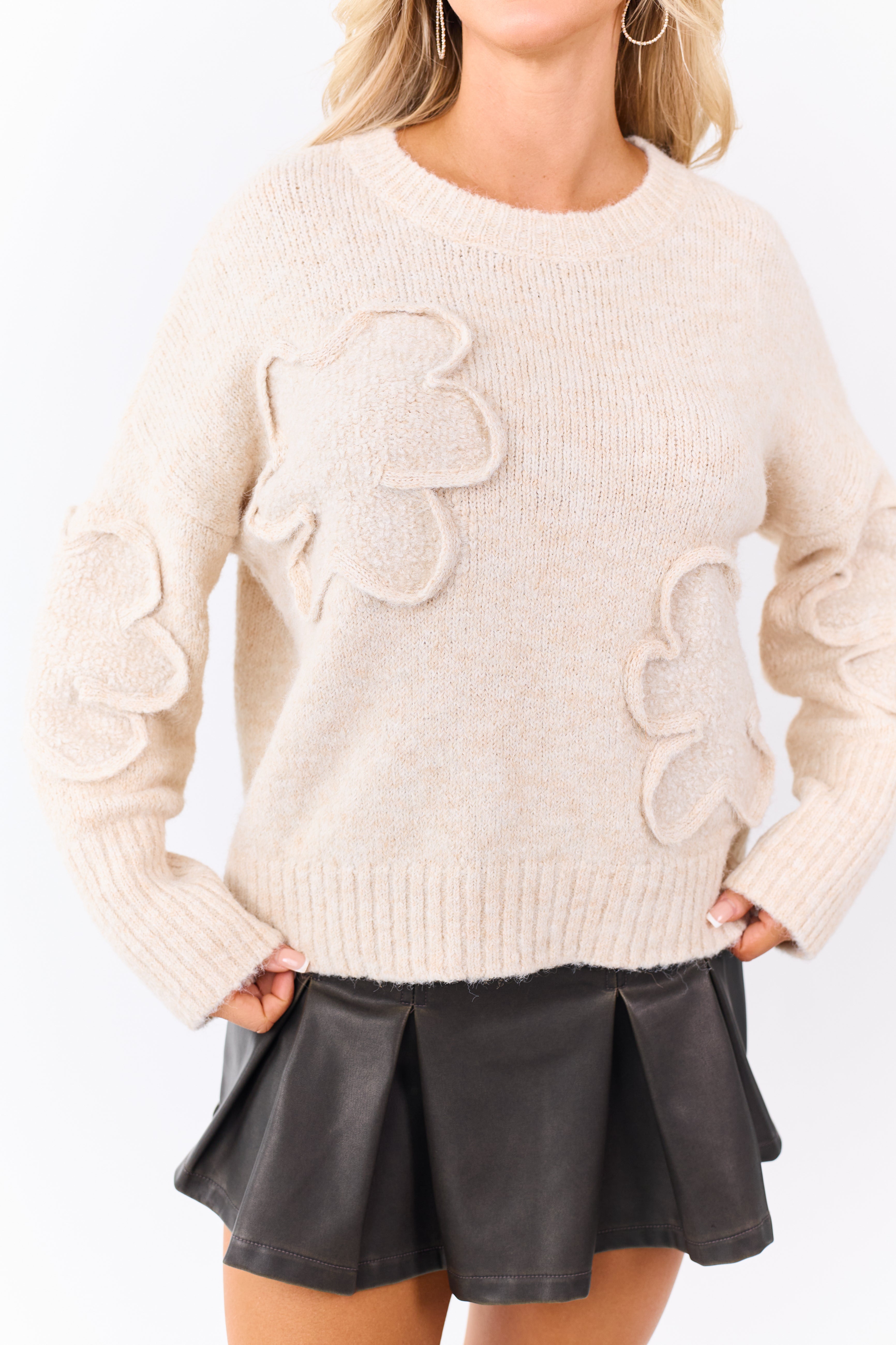 Lovelo Sand 3D Sherpa Floral Knit Relaxed Sweater