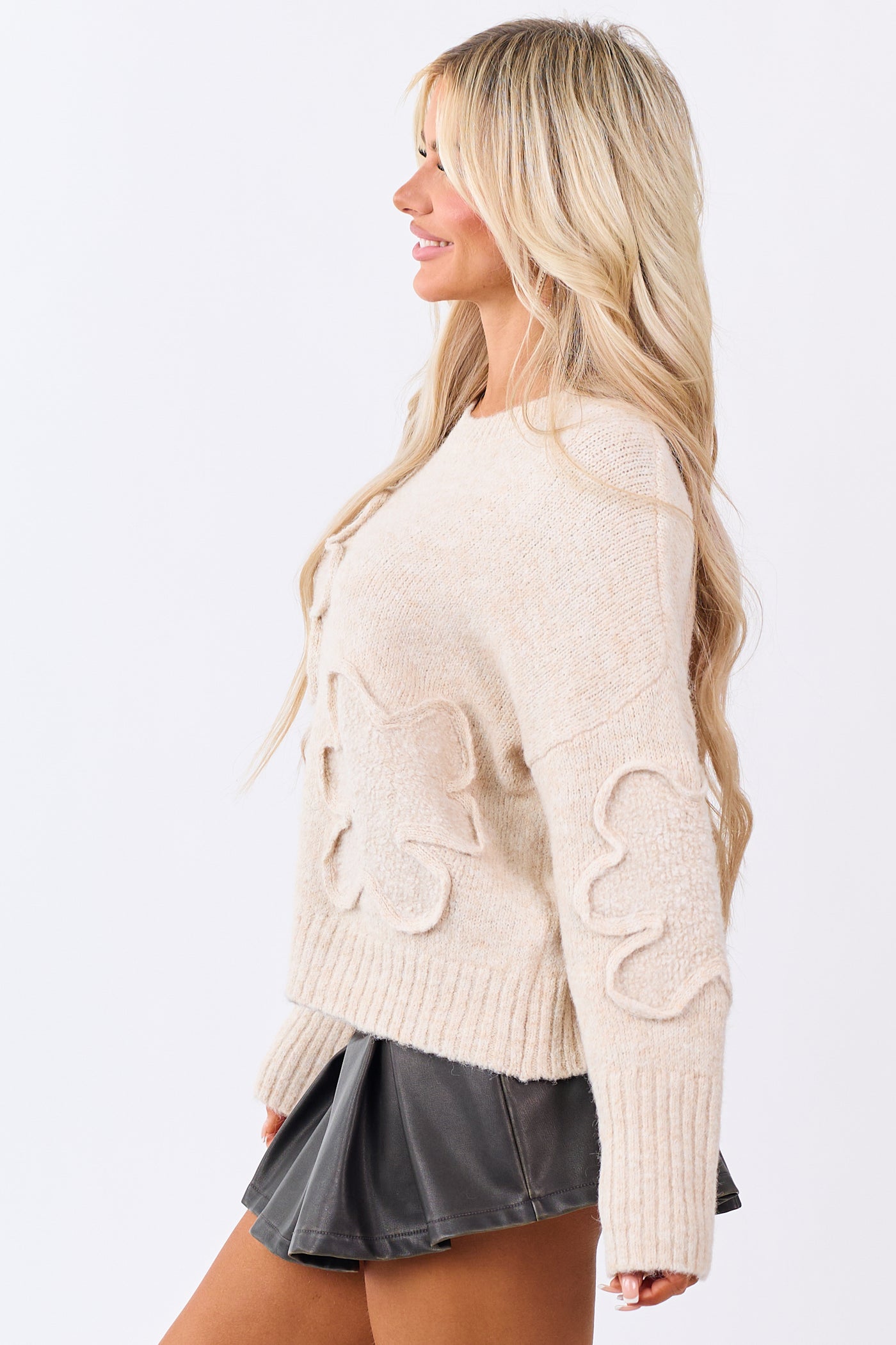 Lovelo Sand 3D Sherpa Floral Knit Relaxed Sweater