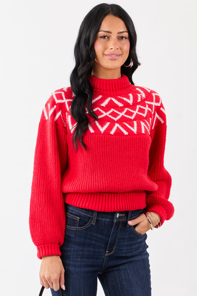 Lovelo Scarlet Geometric Pattern Mock Neck Sweater