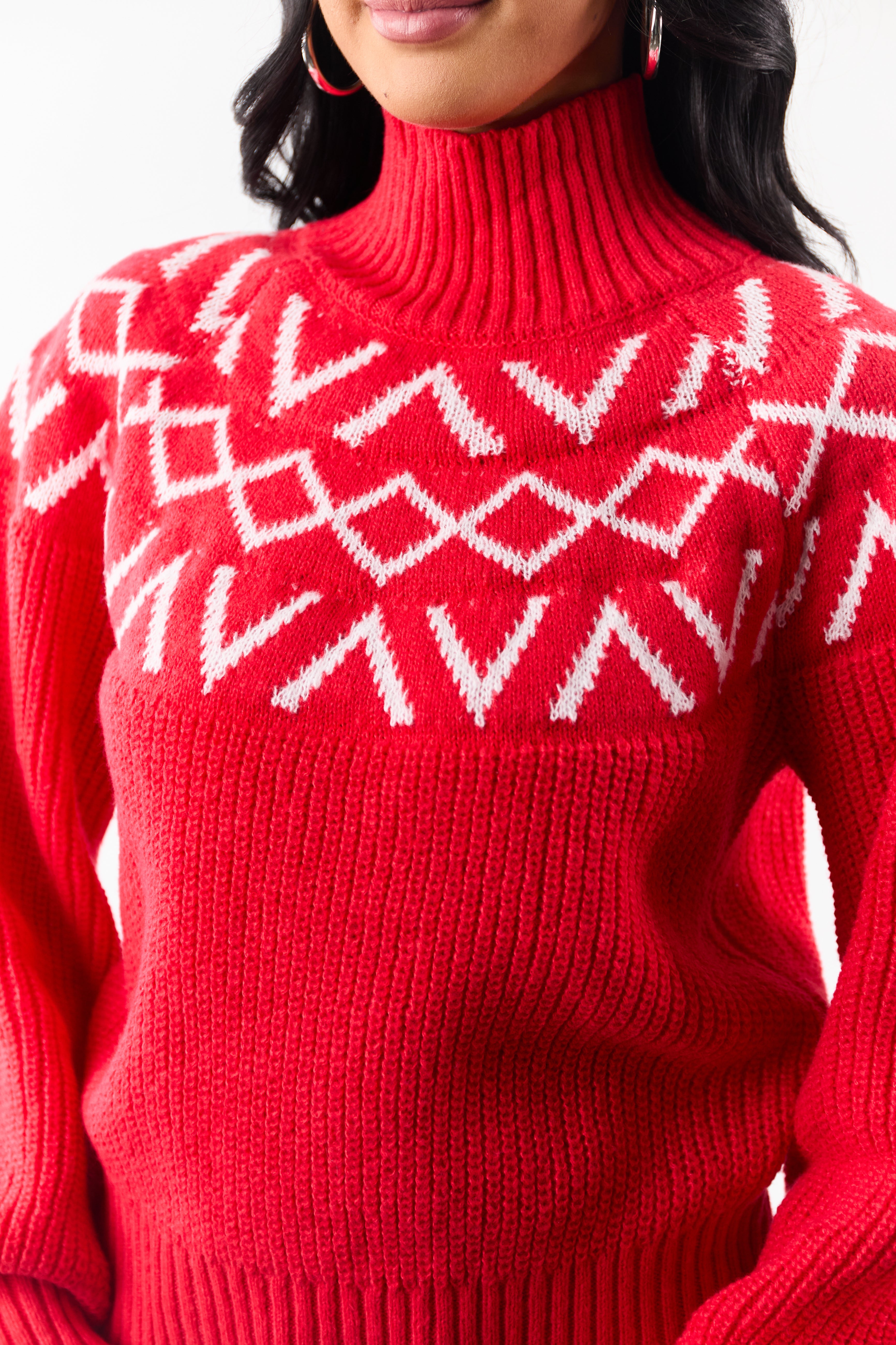 Lovelo Scarlet Geometric Pattern Mock Neck Sweater