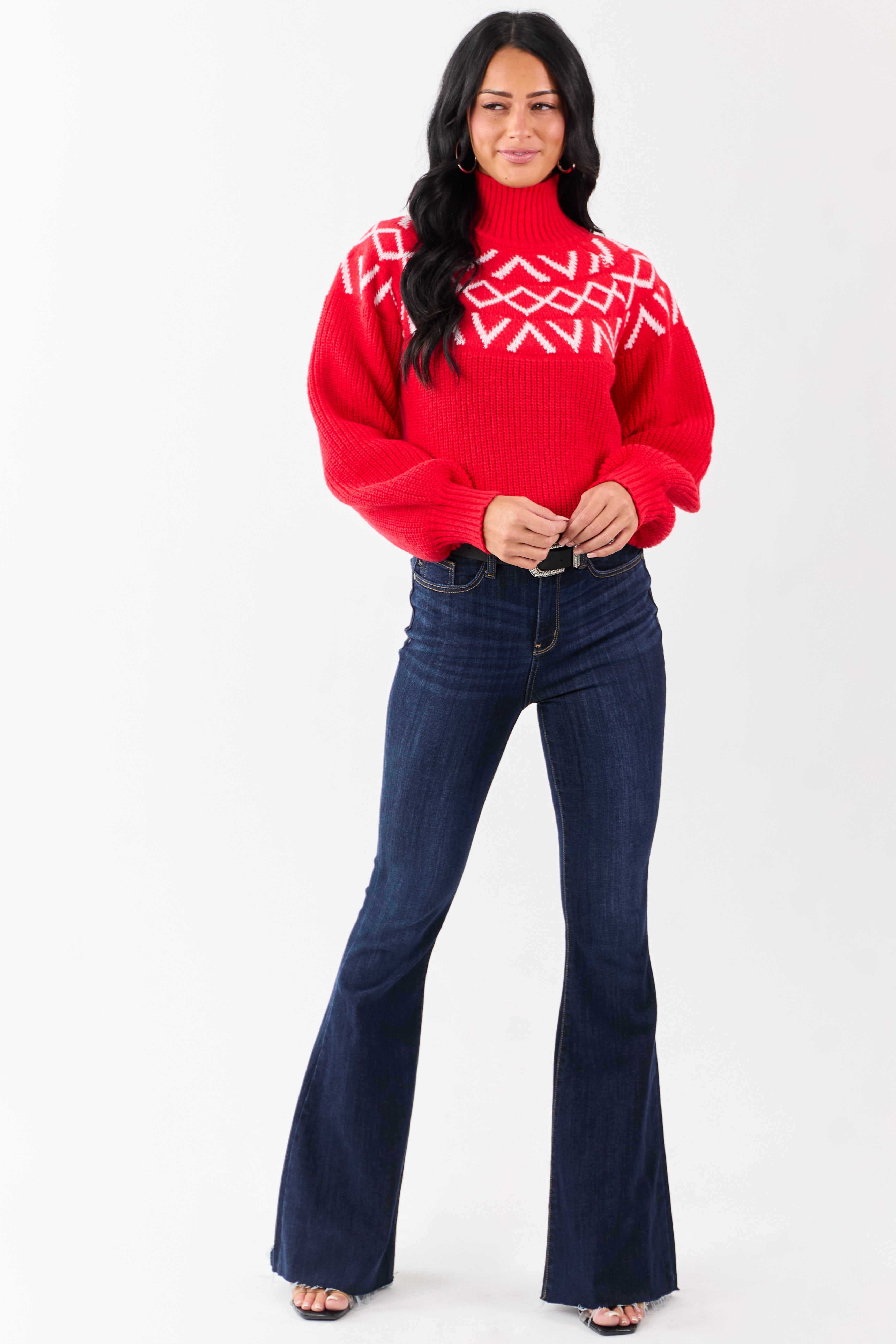 Lovelo Scarlet Geometric Pattern Mock Neck Sweater