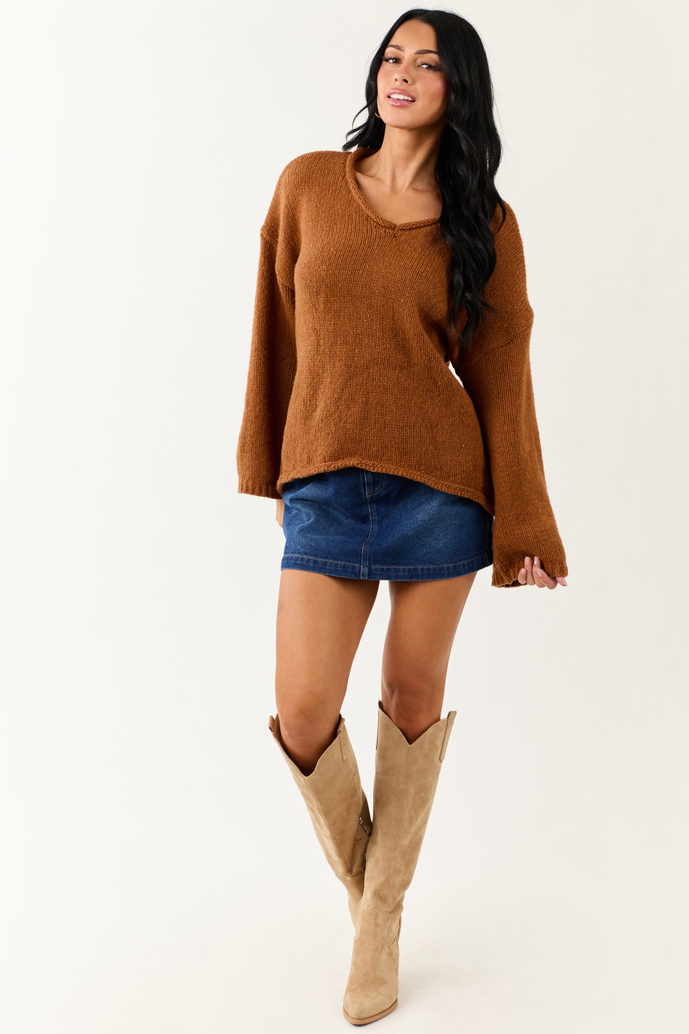 Lovelo Spice V Neck Long Sleeve Chunky Knit Sweater