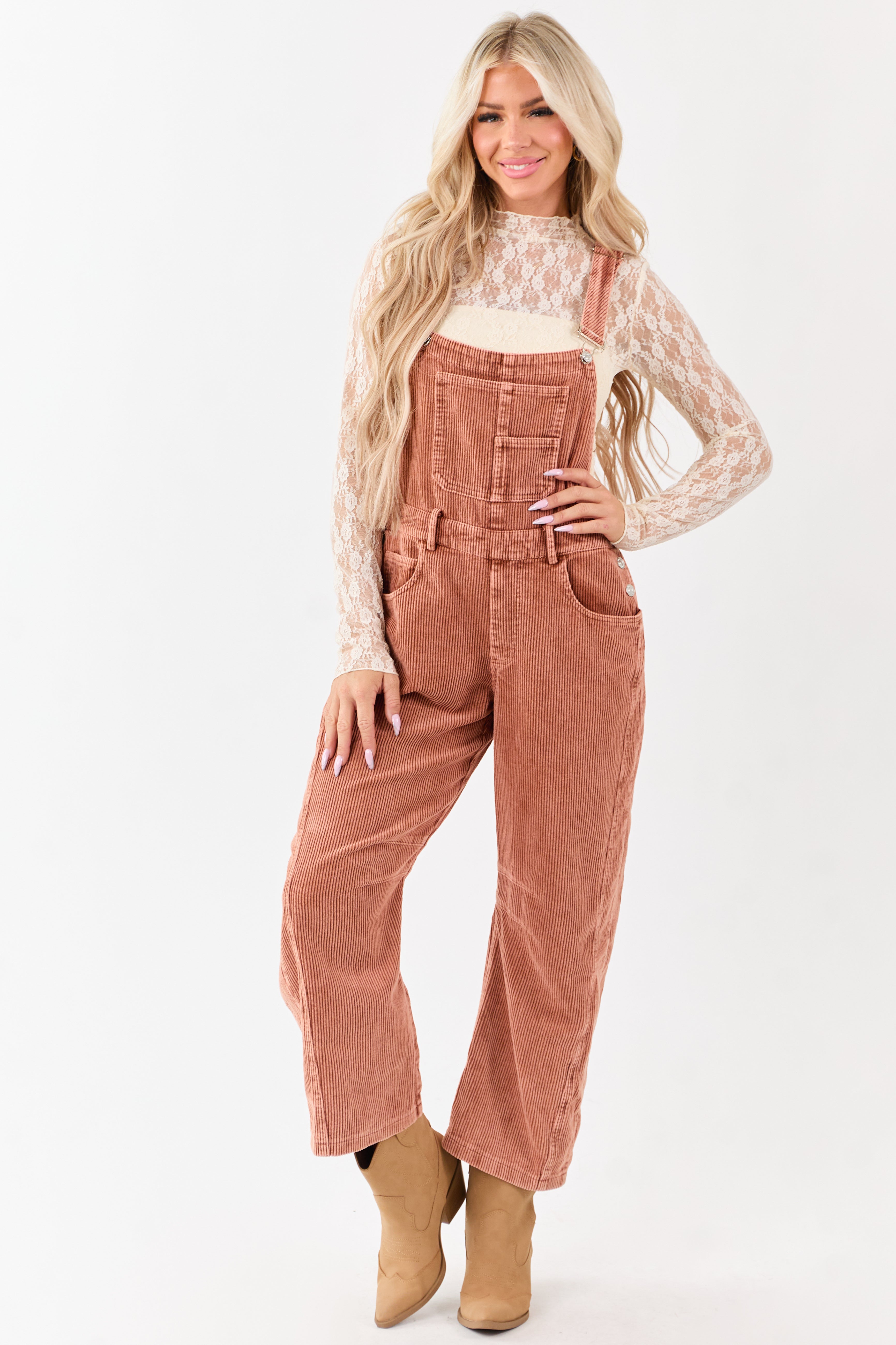 Lovelo Terracotta Corduroy Straight Leg Overalls | Lime Lush Boutique