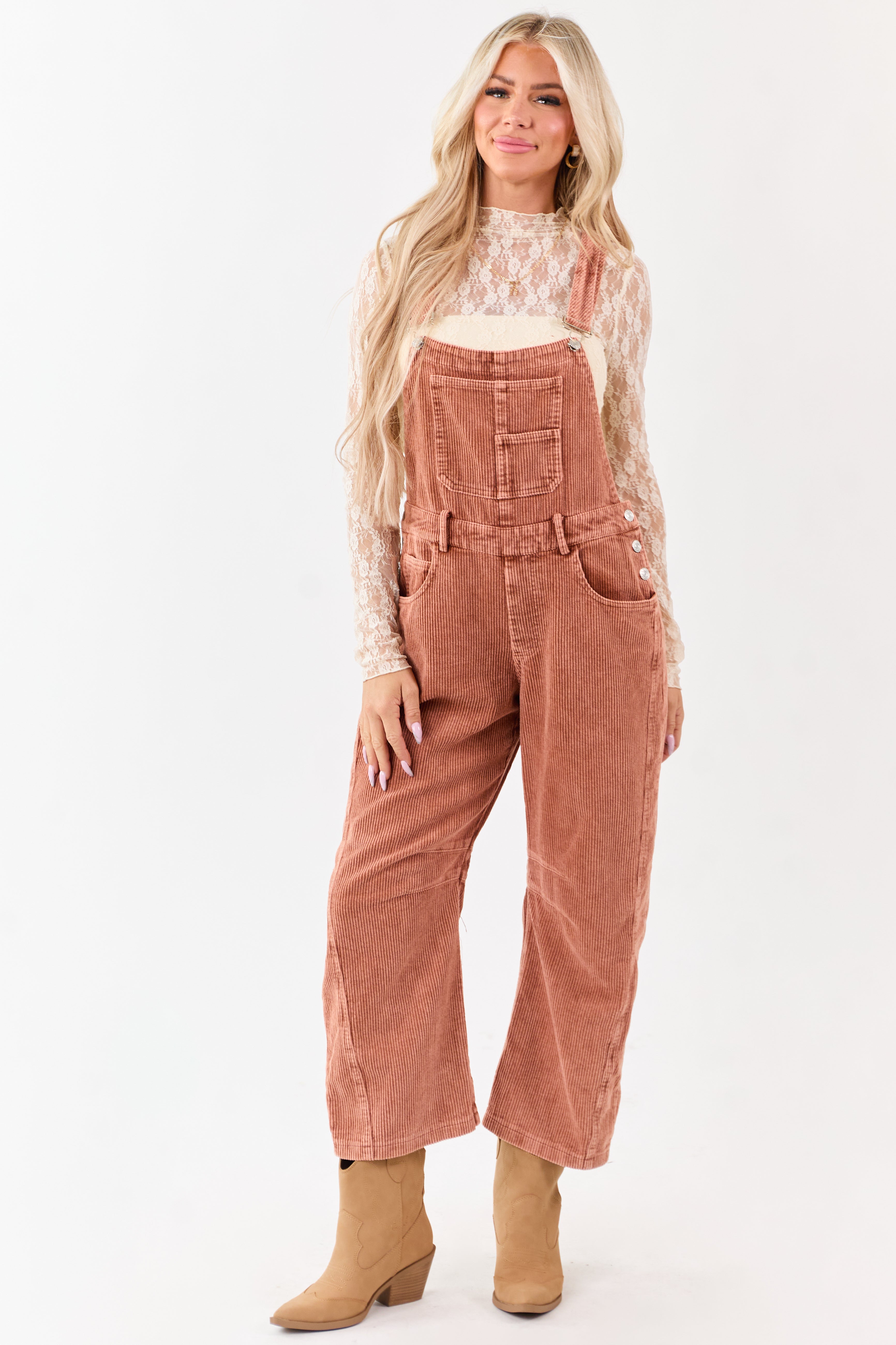 Lovelo Terracotta Corduroy Straight Leg Overalls