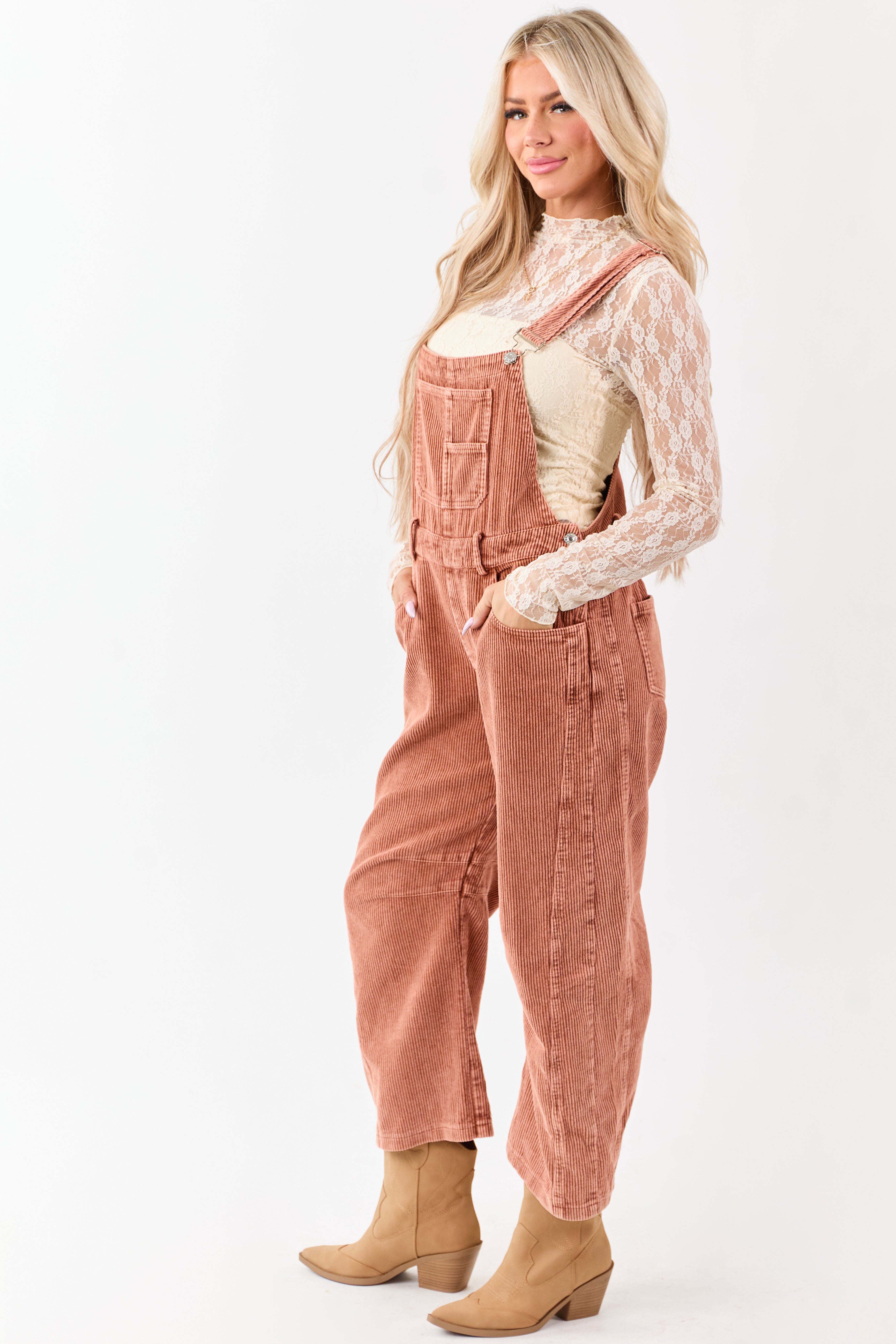 Lovelo Terracotta Corduroy Straight Leg Overalls