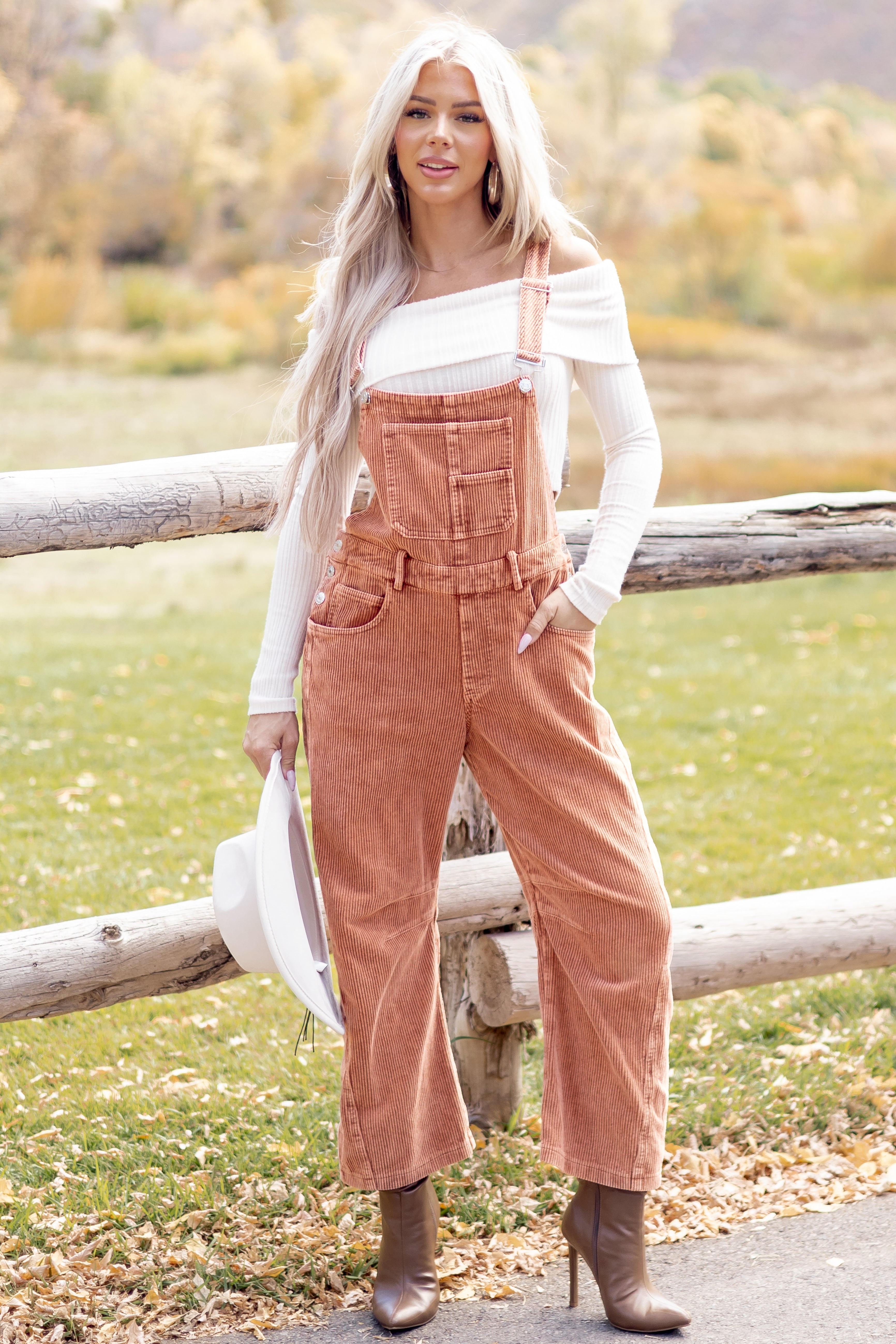 Lovelo Terracotta Corduroy Straight Leg Overalls | Lime Lush Boutique