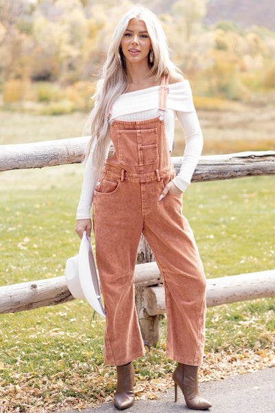 Lovelo Terracotta Corduroy Straight Leg Overalls