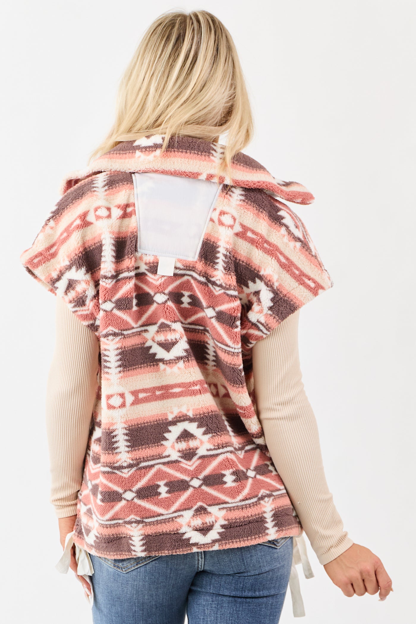 Lovelo Walnut High Collar Aztec Print Fleece Vest