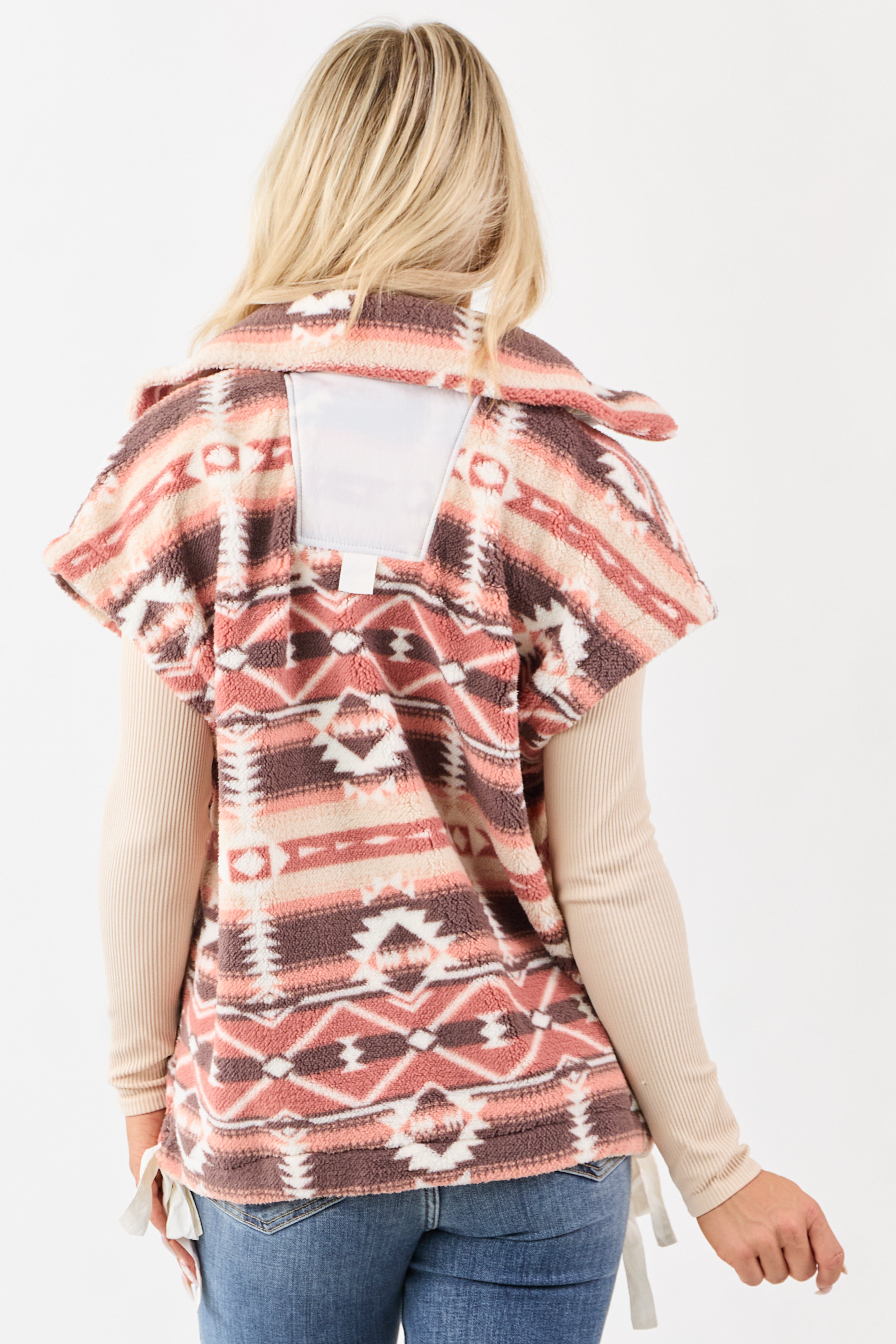 Lovelo Walnut High Collar Aztec Print Fleece Vest