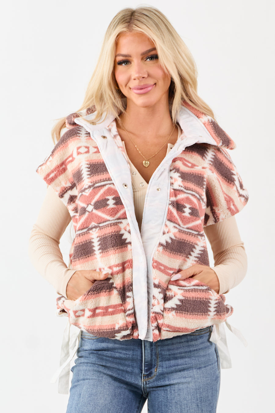 Lovelo Walnut High Collar Aztec Print Fleece Vest