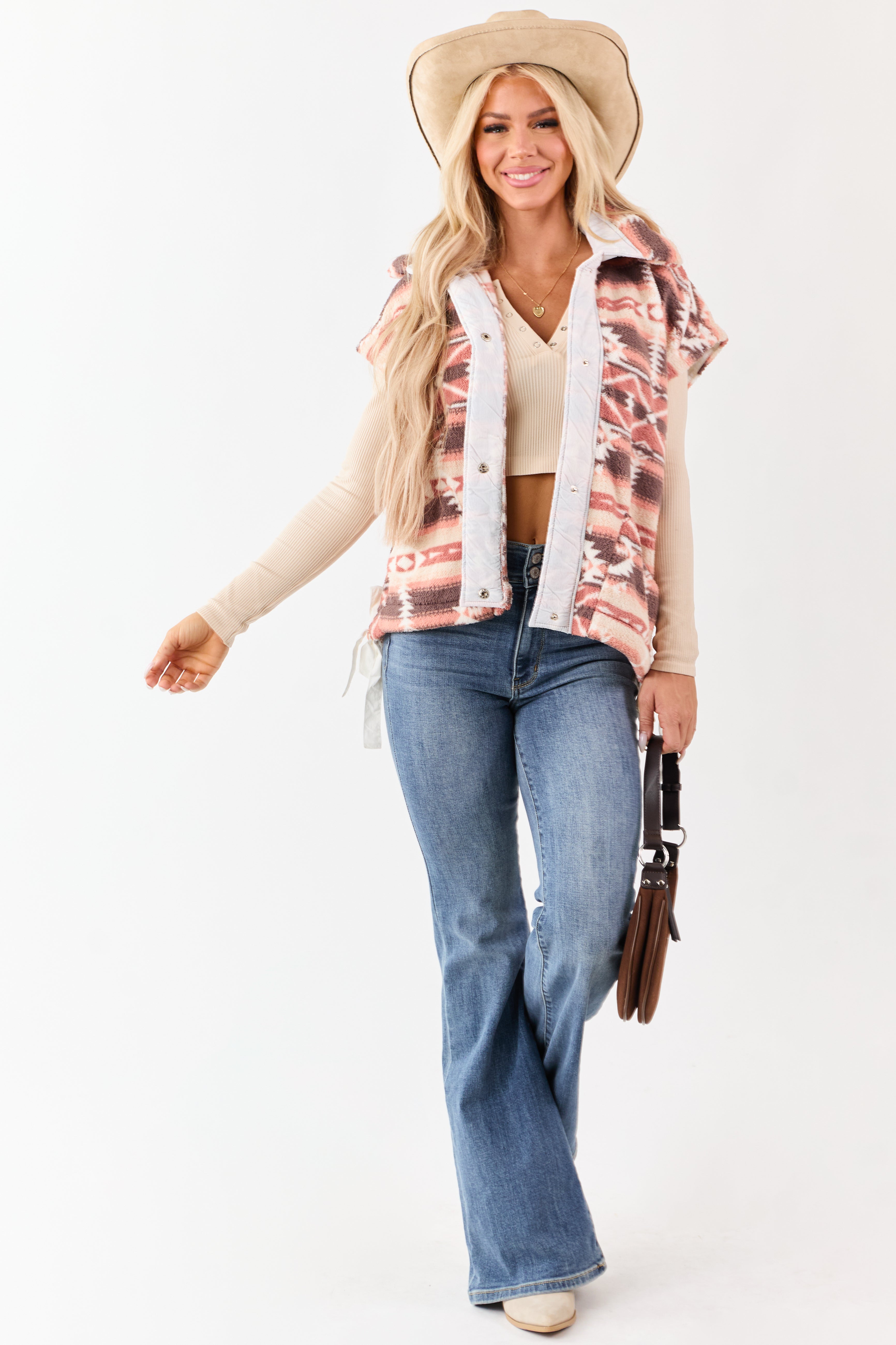 Lovelo Walnut High Collar Aztec Print Fleece Vest
